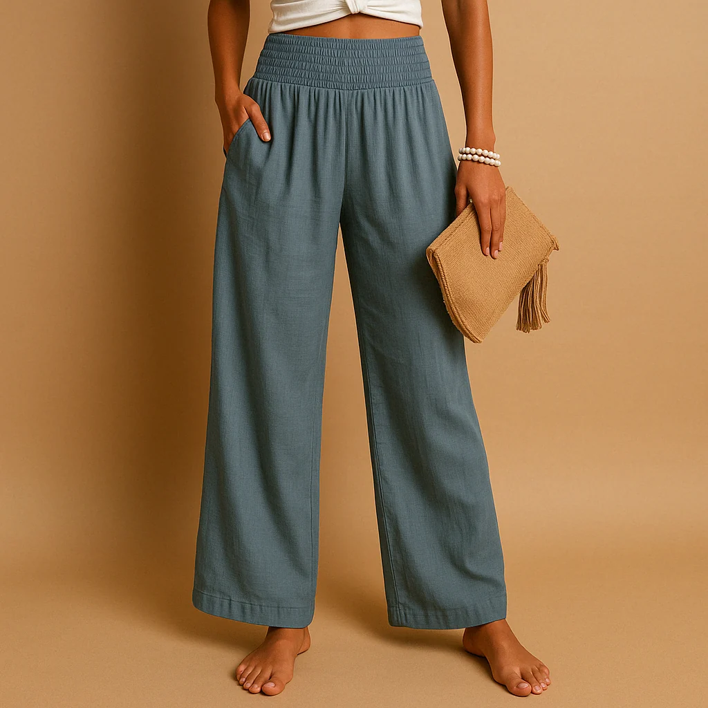 Damen Leinenhose mit elastischem Bund | Luftige Sommerhose aus Baumwolle-Leinen-Mix | Bequeme Stoffhose mit geradem Schnitt
