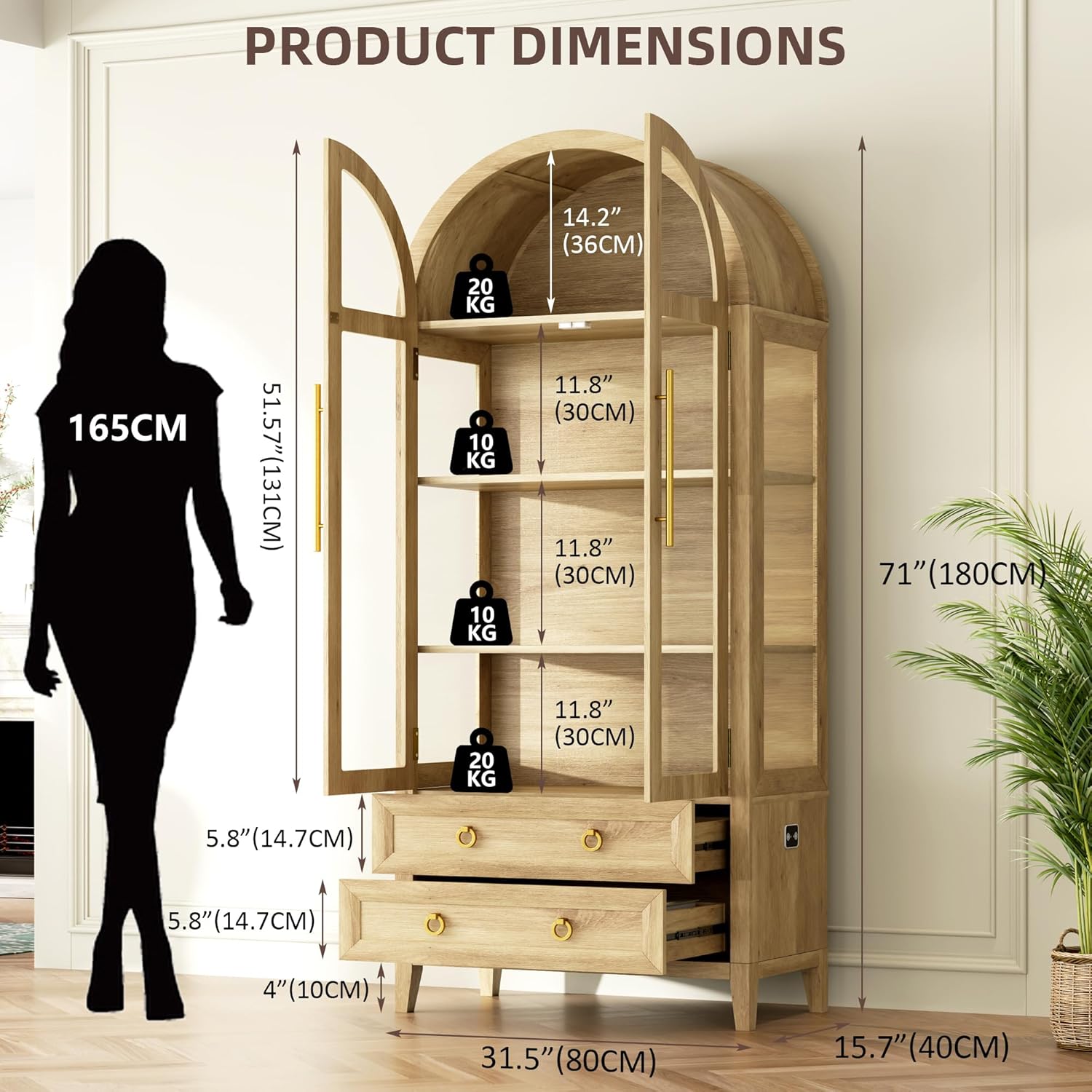 LVSOMT Gewölbte Glasvitrine mit LED Beleuchtung, 180cm Vitrinenschrank mit Glastüren, Bogen Vitrine mit 4 Display Regale und 2 Schubladen, 3 Farbe Licht, Vitrine Glas Holz Wohnzimmer Flur, Holz