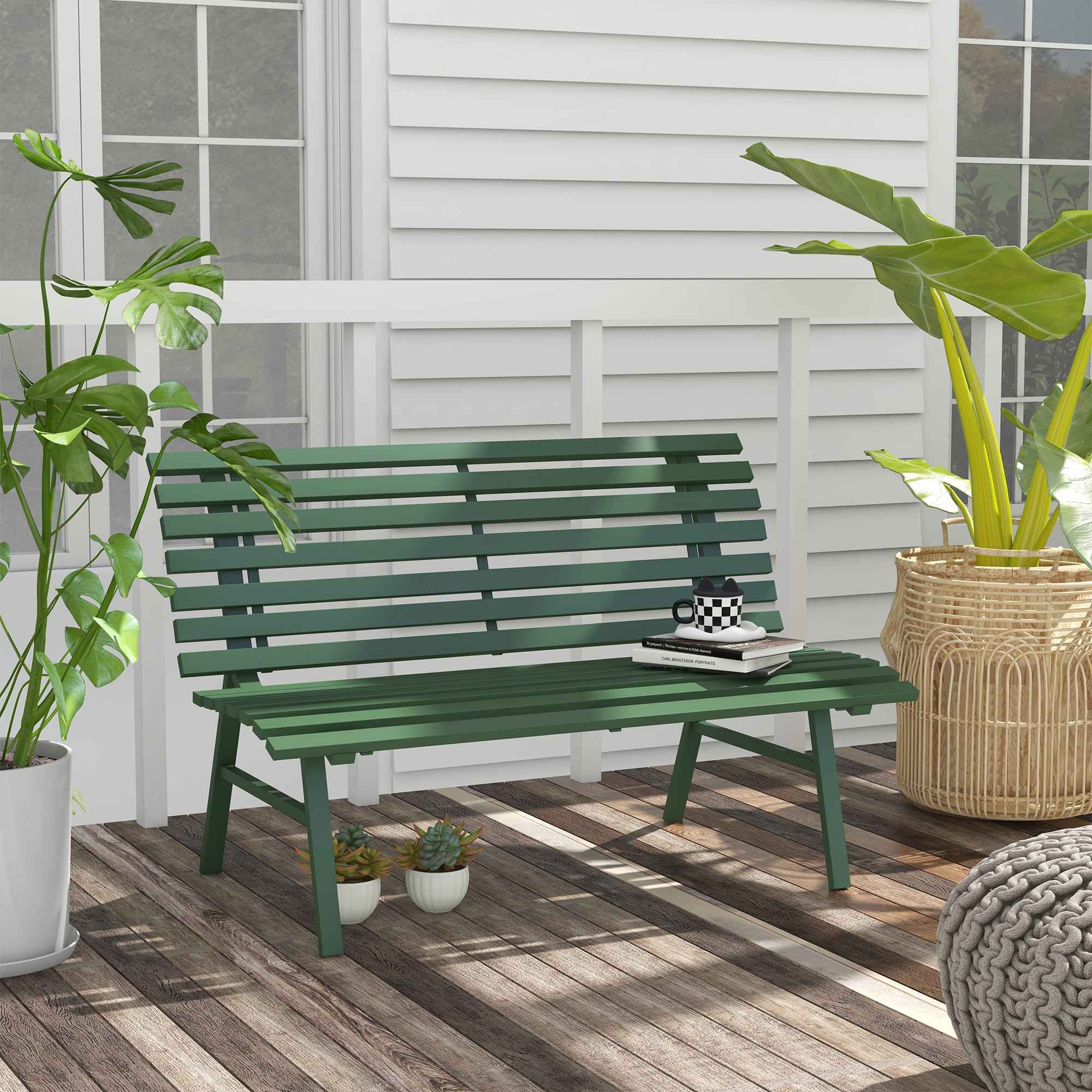 Outsunny Groene Tuinbank, Parkbank, Zitbank in Latdesign, Weerbestendig, Aluminium, 123 x 67 x 79 cm