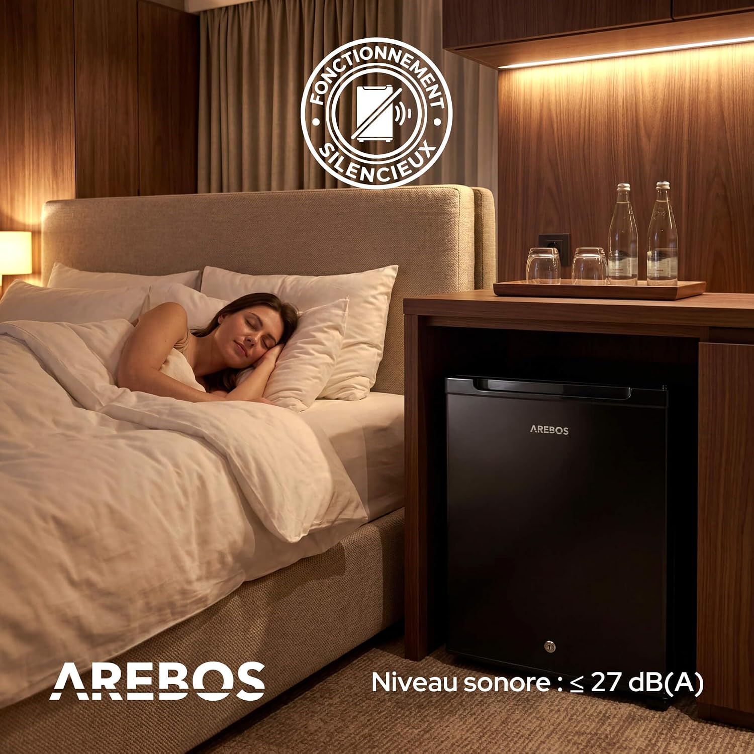 AREBOS Mini Réfrigérateur 40L | Mini Bar Silencieux ≤27 dB | Réfrigérateur Compact Verrouillable avec LED & Température Réglable 5–18 °C | Petit Frigo Bureau | Noir