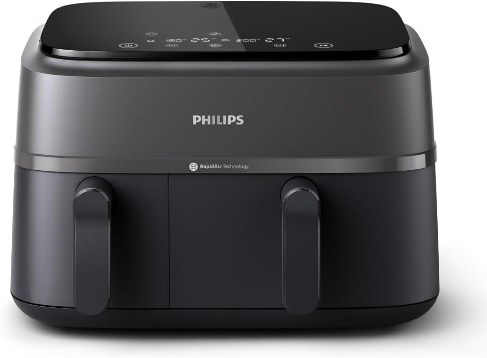 Philips Ovi Dual Basket z parą - Wyjątkowe funkcje gotowania Steamfry, Gotowania na parze, Airfry - 19 sposobów gotowania; pojemność 9L (3L + 6L), RapidAir Plus, automatyczne SteamClean (NA550/00)