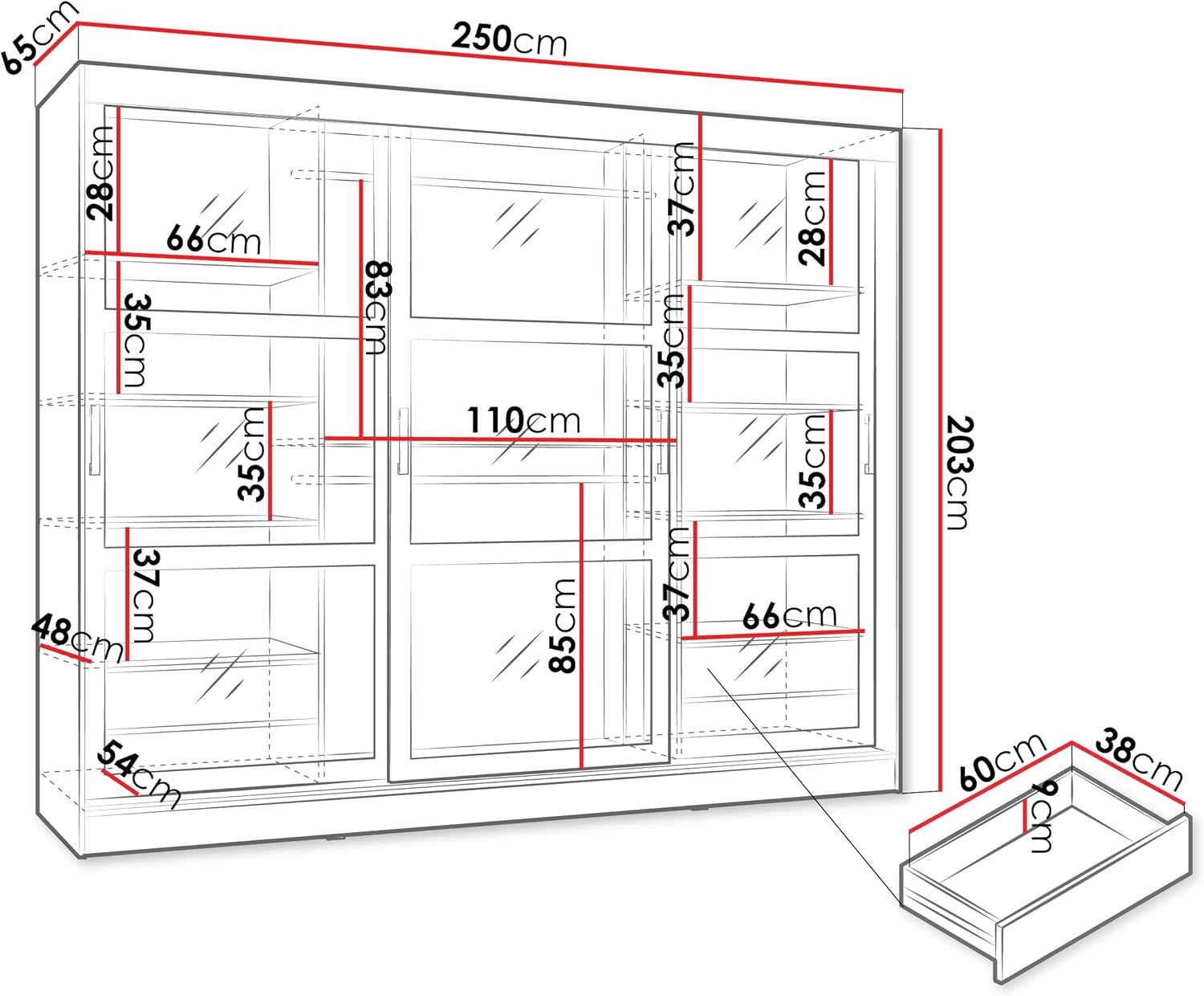 Mirjan24 Kleiderschrank Norlio mit Glastüren und Schubladen, Schwebetürenschrank mit Rauchglas, Schiebetürenschrank mit einlegeböden und Stange, Garderobe (Weiß, ohne Beleuchtung)