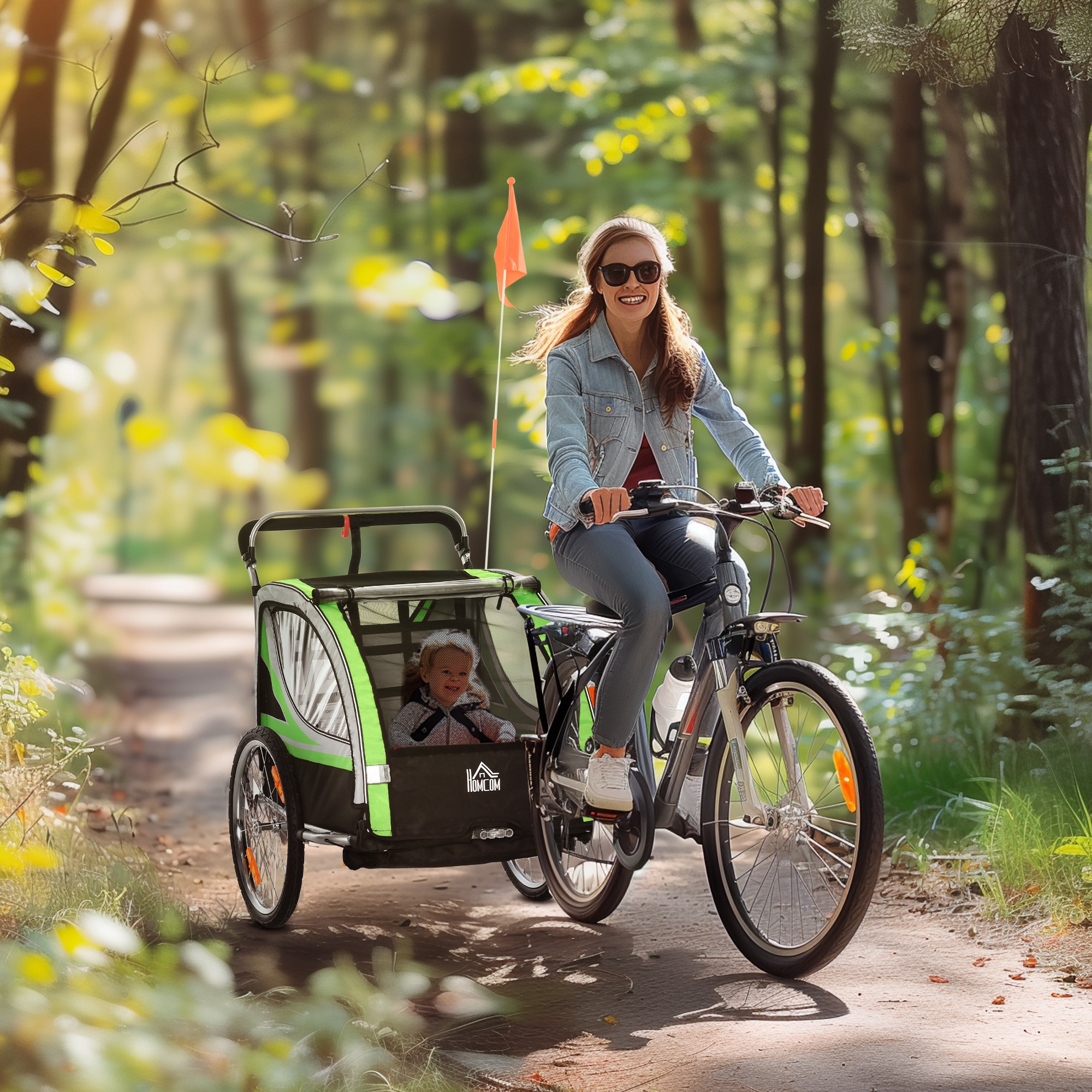 2-in-1 Fietskar voor 2 Kinderen, Duwfunctie, Regenbescherming, Rem, Groen