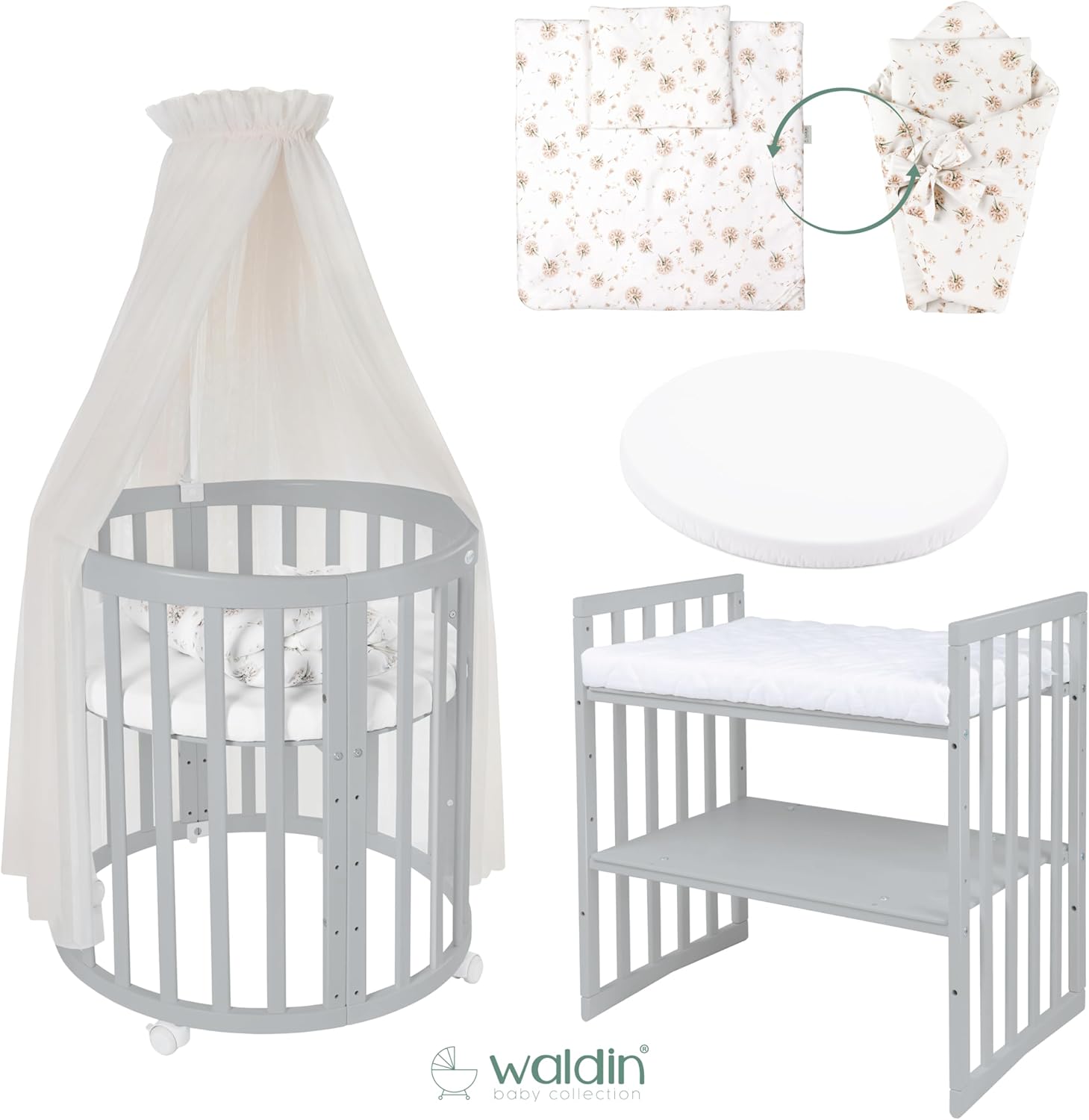 Waldin Oval Baby-Bett Mitwachsend Komplett Set 7in1, Gitterbett, Kinderbett mit Matratze, Wickelkommode, Beistellbett, Holz Weiß