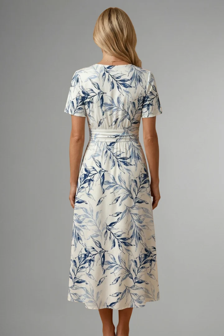 Damen Midikleid mit Blumenmuster und V-Ausschnitt | Tailliertes A-Linien Kleid mit kurzen ?rmeln in moderner Midi-L?nge