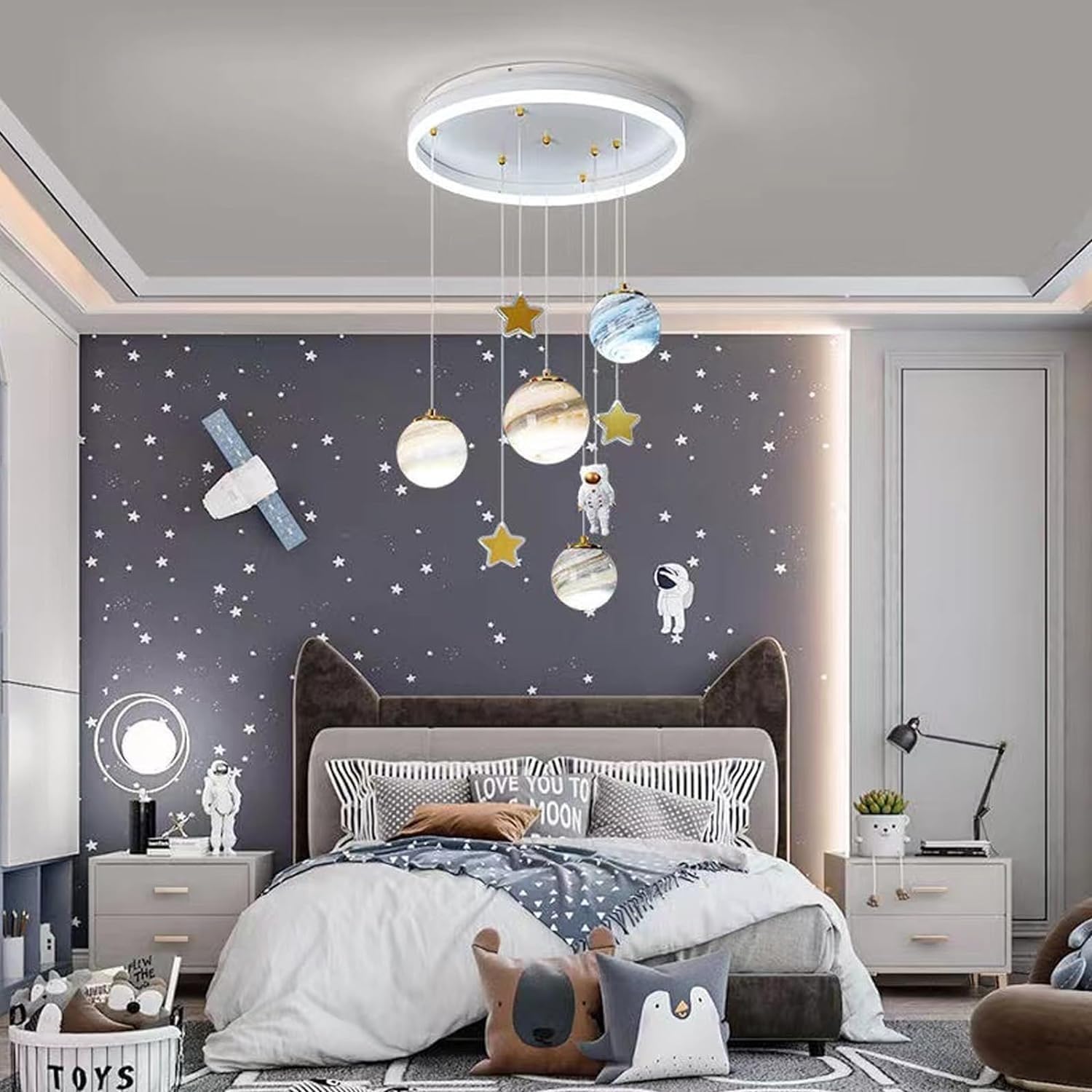 Kinder LED Deckenleuchte Dimmbar Planet Kronleuchter Kinderzimmer Lampe Modernes Design Mond Astronaut Mit Fernbedienung Schlafzimmer Beleuchtung
