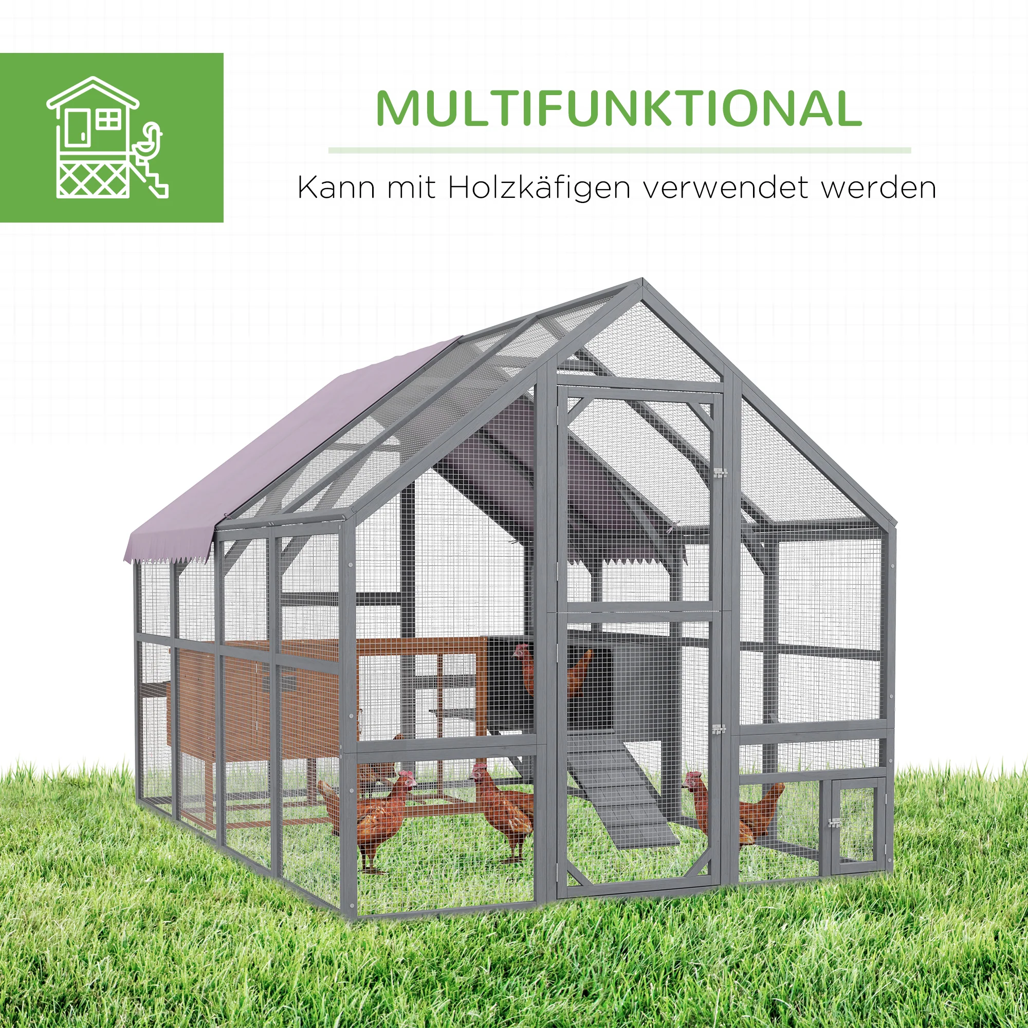 PawHut Kippenren Kippenhok Kippenhuis, toegankelijk, weerbestendig, 280 x 185,5 x 188 cm, Grijs