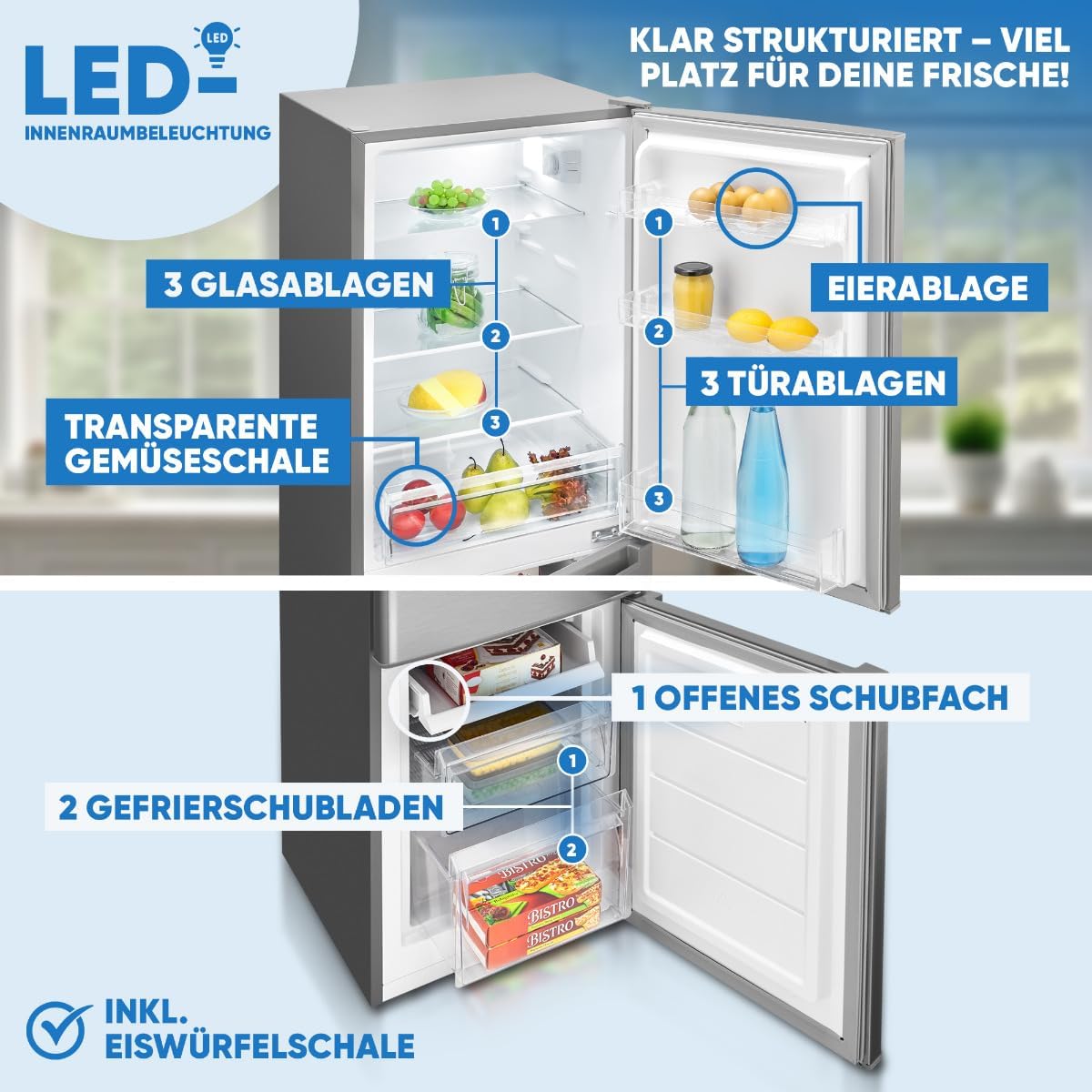 Bomann® Kühlschrank mit Gefrierfach | Energieklasse C | 143cm | Kühl Gefrierkombination leise 40 dB | 3 Ablagen & 2 Schubladen | Türanschlag wechselbar | 173L Kühlgefrierkombi | KG 7359 inox