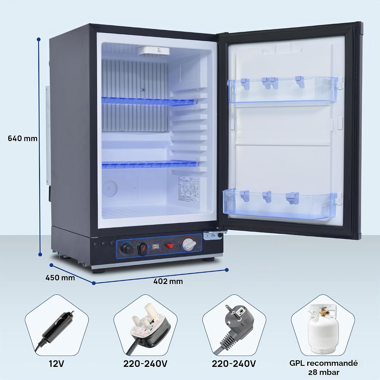 Smad Frigo Gaz, 40L, Frigo Trimixte 12V 220V Gaz Camping Car, Réfrigérateur Camping Gaz pour Camping-Car Camion Caravane Fourgon Chalet Mobile-home, 28/30mbar, Noir