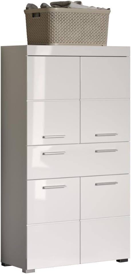trendteam smart living - Amanda - Hochschrank - Weiß Hochglanz - Badezimmerschrank breit mit 4 höhenverstellbaren Einlegeböden - (BxHxT) 73 x 130 x 31 cm - 4 Fächer und eine große Schublade