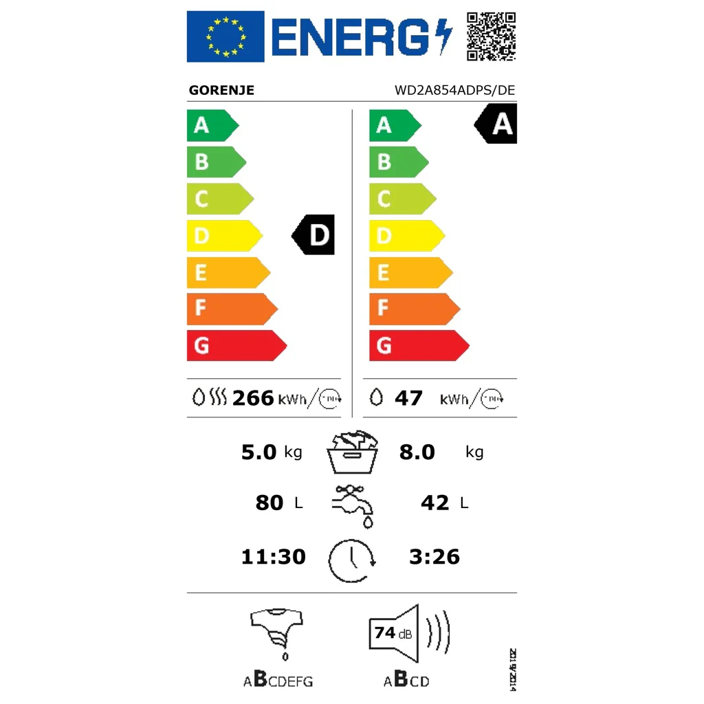 Gorenje Was-droogcombinatie 8/5 kg, 1400 tpm, Steam WD2A 854 ADPS/DE