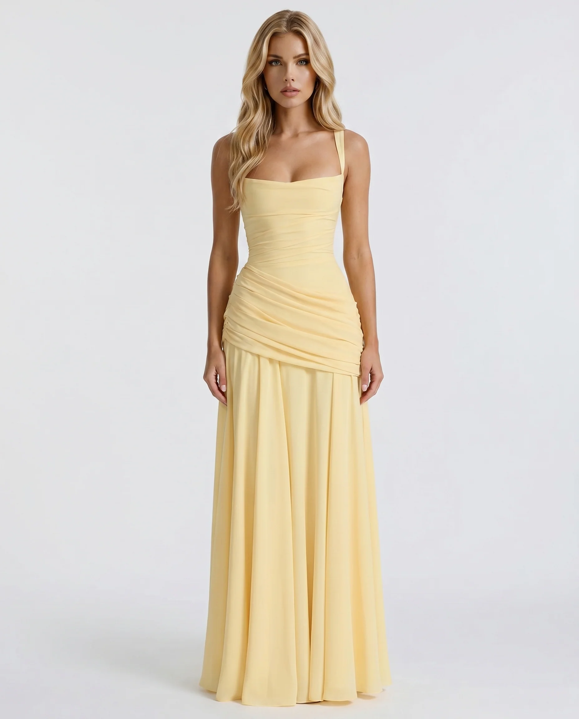 Damen Maxikleid mit eckigem Ausschnitt und Raffungen | Festliches langes Kleid f��r Hochzeitsg?ste mit drapierter Taille