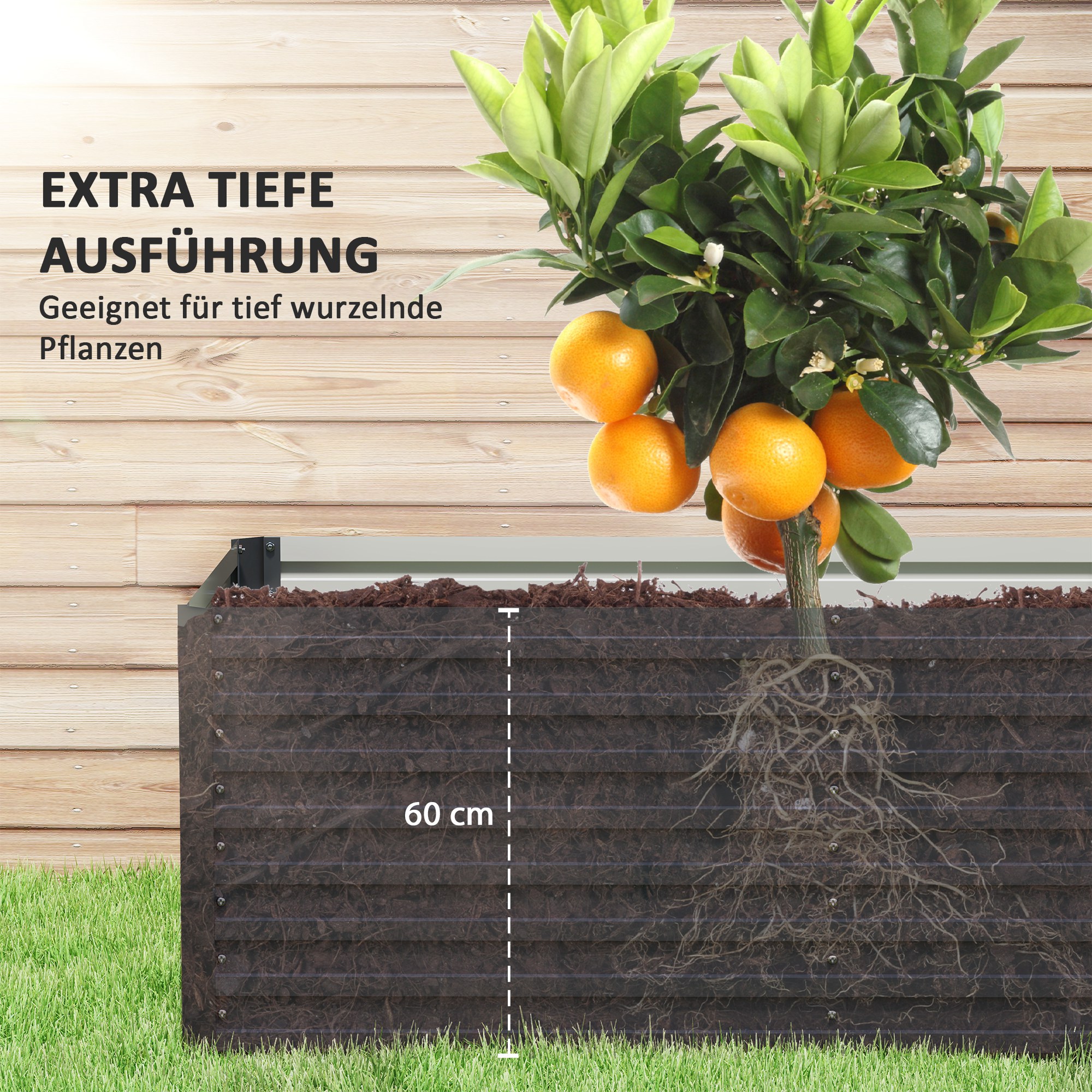 Verhoogde Tuinbed, Open Bodem, Gepoedercoat Staal, 240 x 60 x 60 cm, Donkergrijs
