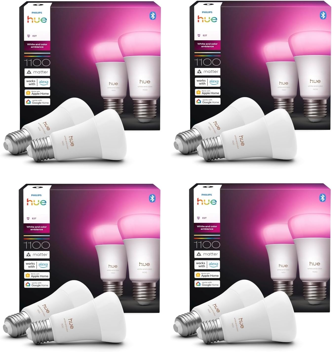 Hue Bundle – 4 x Doppelpackungen, Weiß & Farbe, Ambiance 1100 A60 E27 Smart-Leuchtmittel (8 Glühbirnen), dimmbare LED, 16 M Farben, App- und Sprachsteuerung, funktioniert mit Alexa, Google