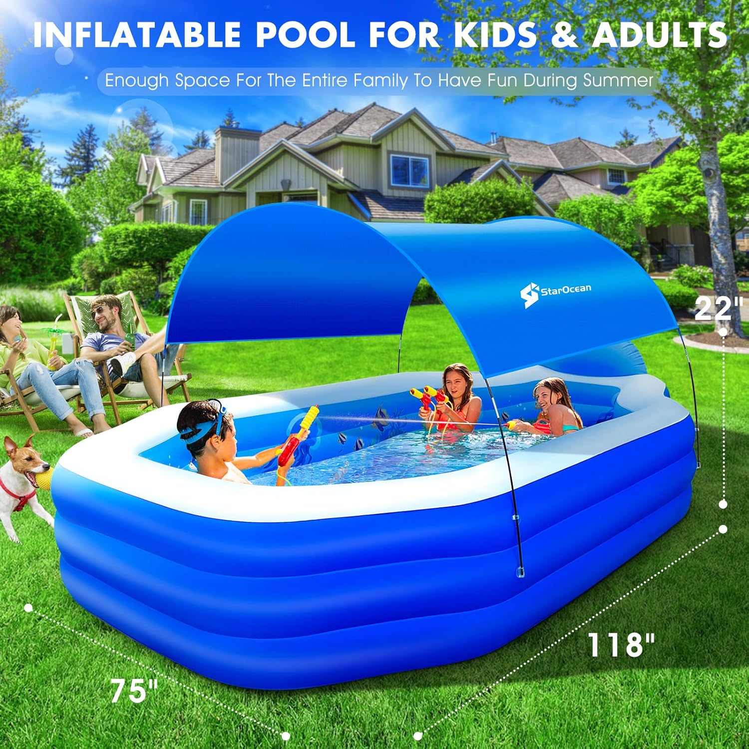 Inflatable Pool with Canopy, Large Inflatable Swimming Pool for Kids,Adult, Blow Up Pools with Seats,Backrest.Durable Thickened Inflatable Family Pools for Backyard,118