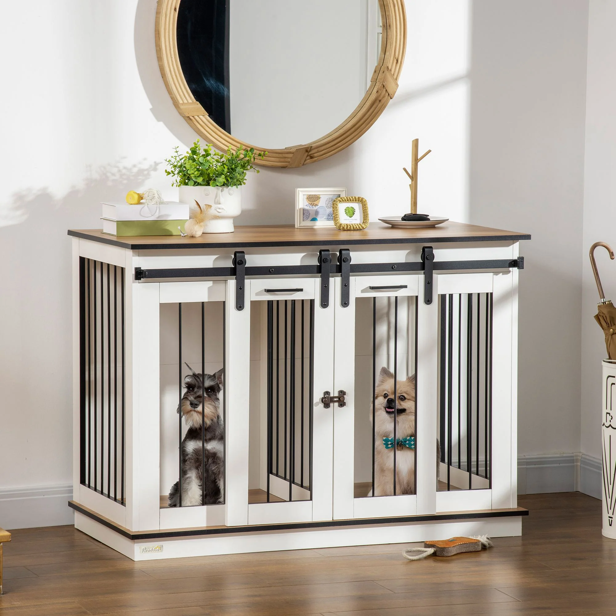 PawHut Hondenkooi met 2 Deuren, Hondenbox, Transportbox voor Honden, Rustiek Ontwerp, Vergrendelbaar, Wit