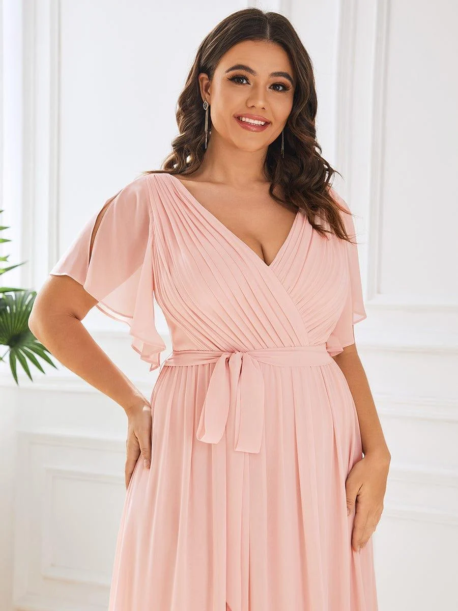 Abendkleid Damen Maxi A-Linie aus Chiffon | Festliches Kleid f��r Hochzeitsg?ste mit V-Ausschnitt und Fl��gel?rmeln
