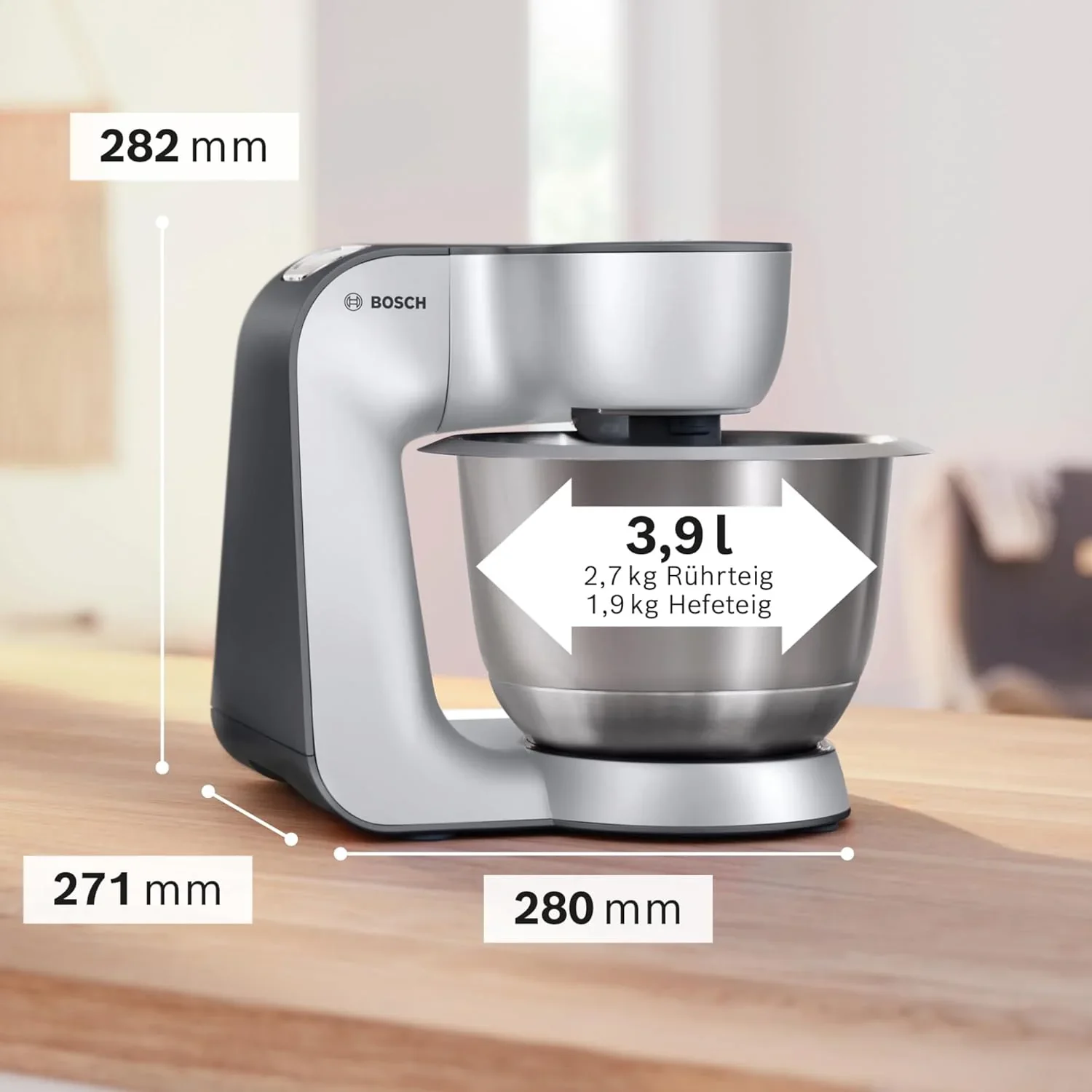 Bosch K��chenmaschine Serie 4 MUM56340, Sch��ssel 3,9 L, Mixer 1,25 L, Fleischwolf, Zitruspresse, Planetenr��hrwerk, Knethaken, Schlag-, R��hrbesen, Durchlaufschnitzler, 3 Scheiben, 900 W, Silber/ Grau