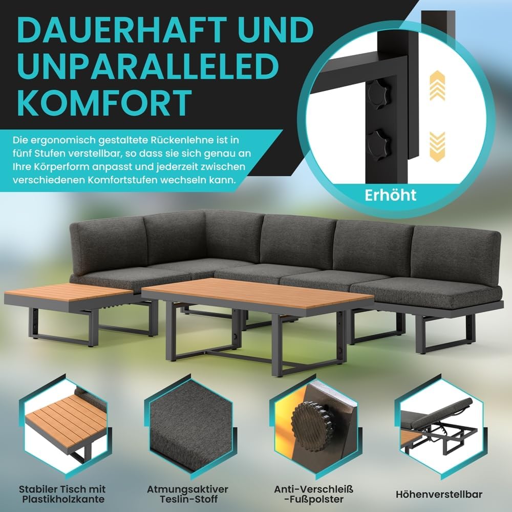 Mucola Gartenmöbel Set Aluminium Essgruppe mit 5-Fach verstellbare Rückenlehnen Sitzgruppe höhenverstellbarer Tisch | wetterfest und rostfrei | Essgruppe extra Dicke Wasserabweisende Kissen