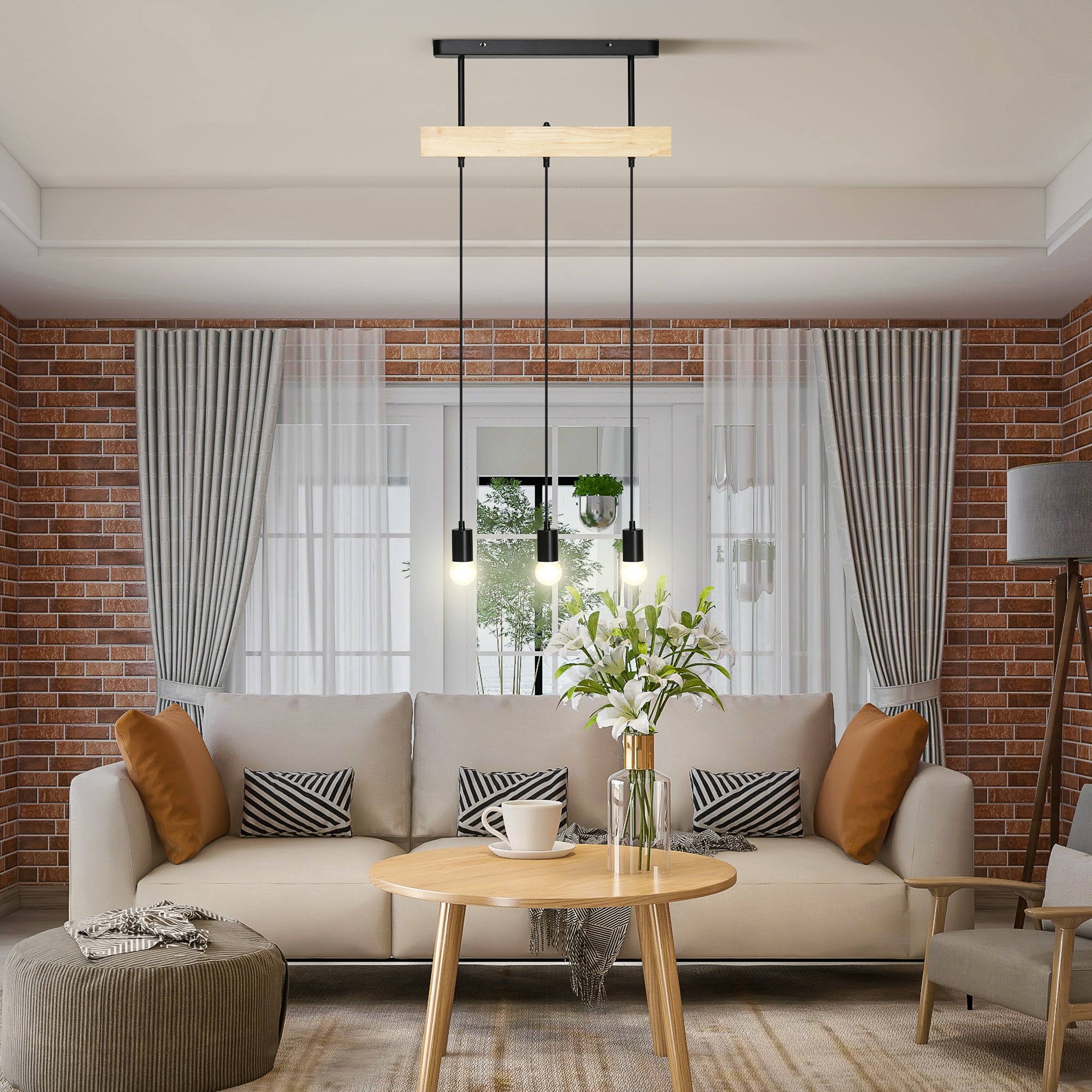 Hanglamp, 3-Lichtbronnen, Hoogteverstelbaar, Industrieel Design, Metaal+Hout, Zwart