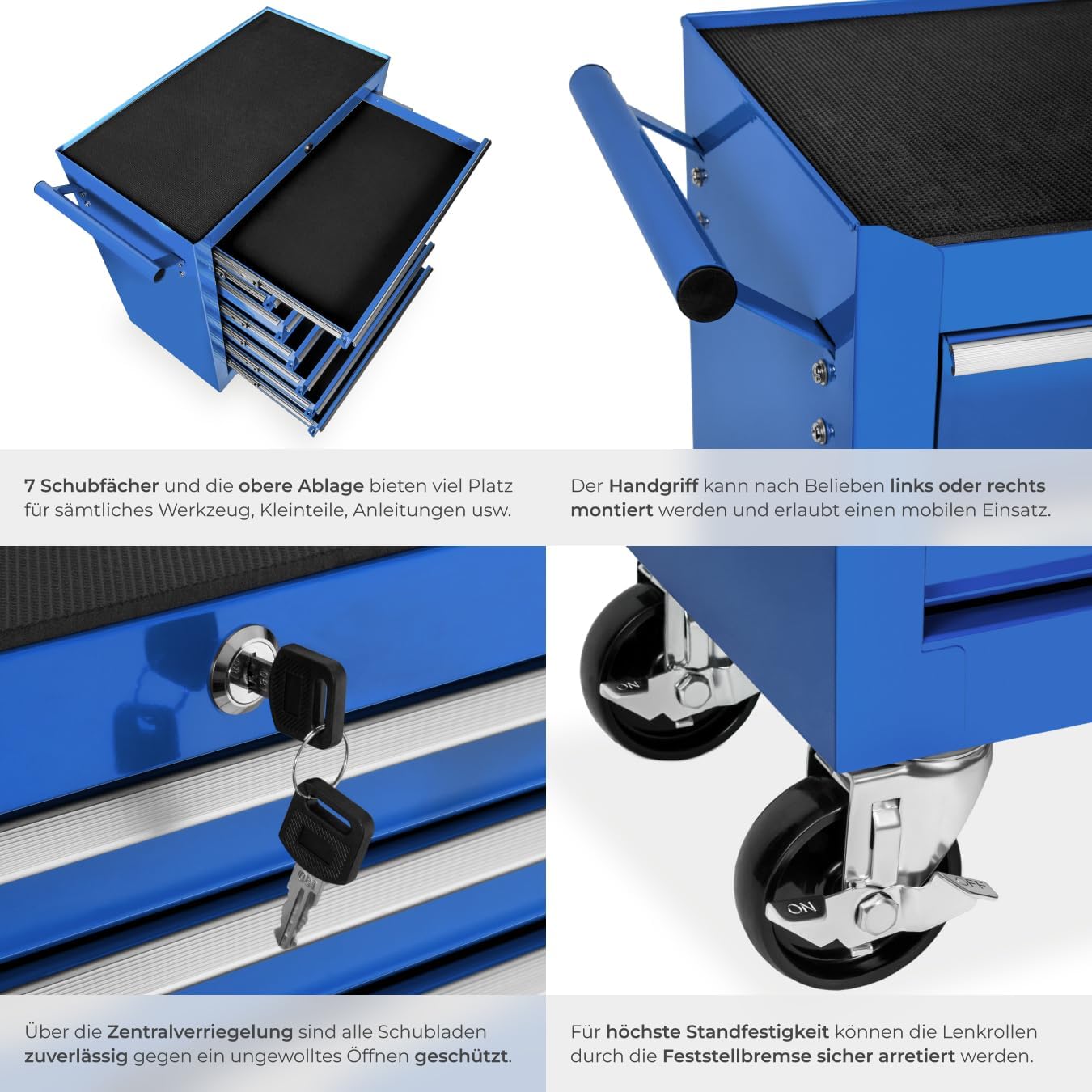 tectake Werkzeugwagen, Werkstattwagen, rollende Werkstatt, Werkzeugwagen leer, Werkzeugbox, 7 Schubfächer, 69 x 33 x 79 cm, Rollen mit Bremsen, inkl. 2 Schlüssel - blau