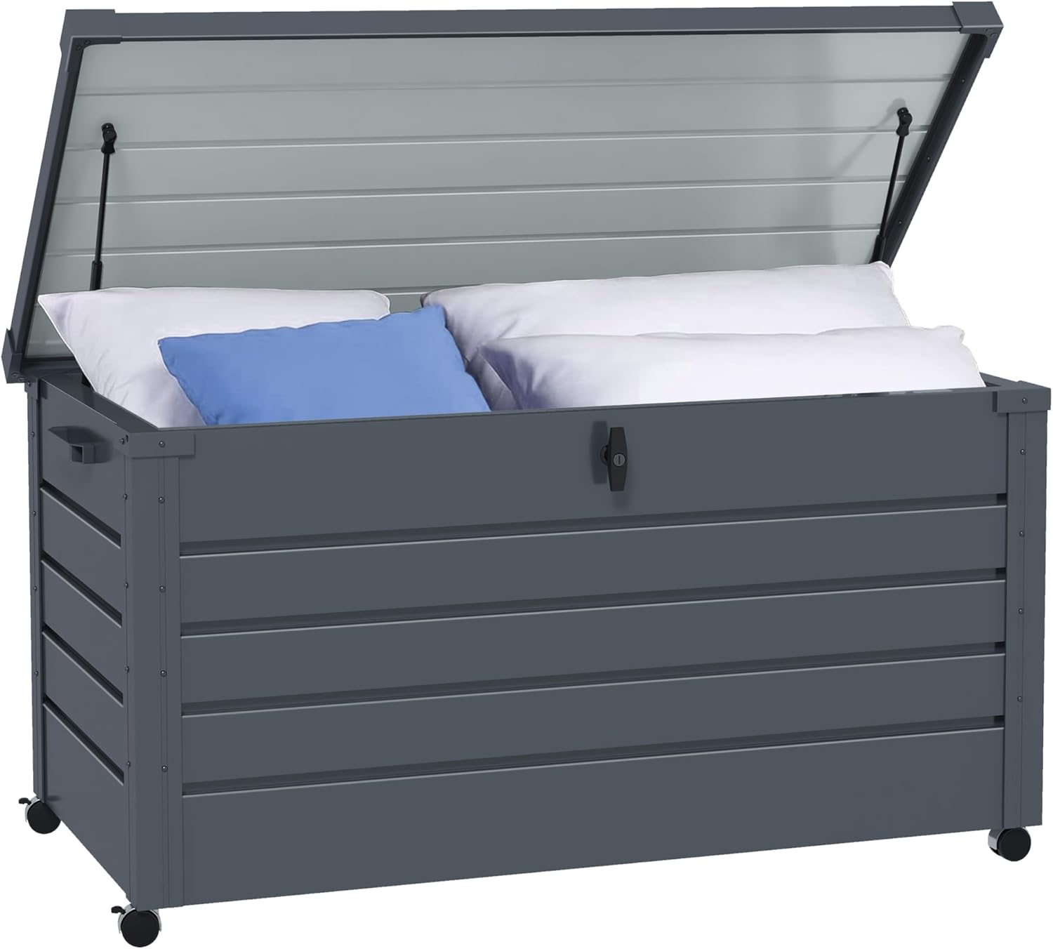 Outsunny Gartenbox Metall 311 Liter Auflagenbox mit Griffen Rollen Schloss Wasserdicht Abschließbar Gartentruhe Outdoor Kissenbox wetterfest Aufbewahrungsbox für Garten Balkon 120 x 62cm Dunkelgrau