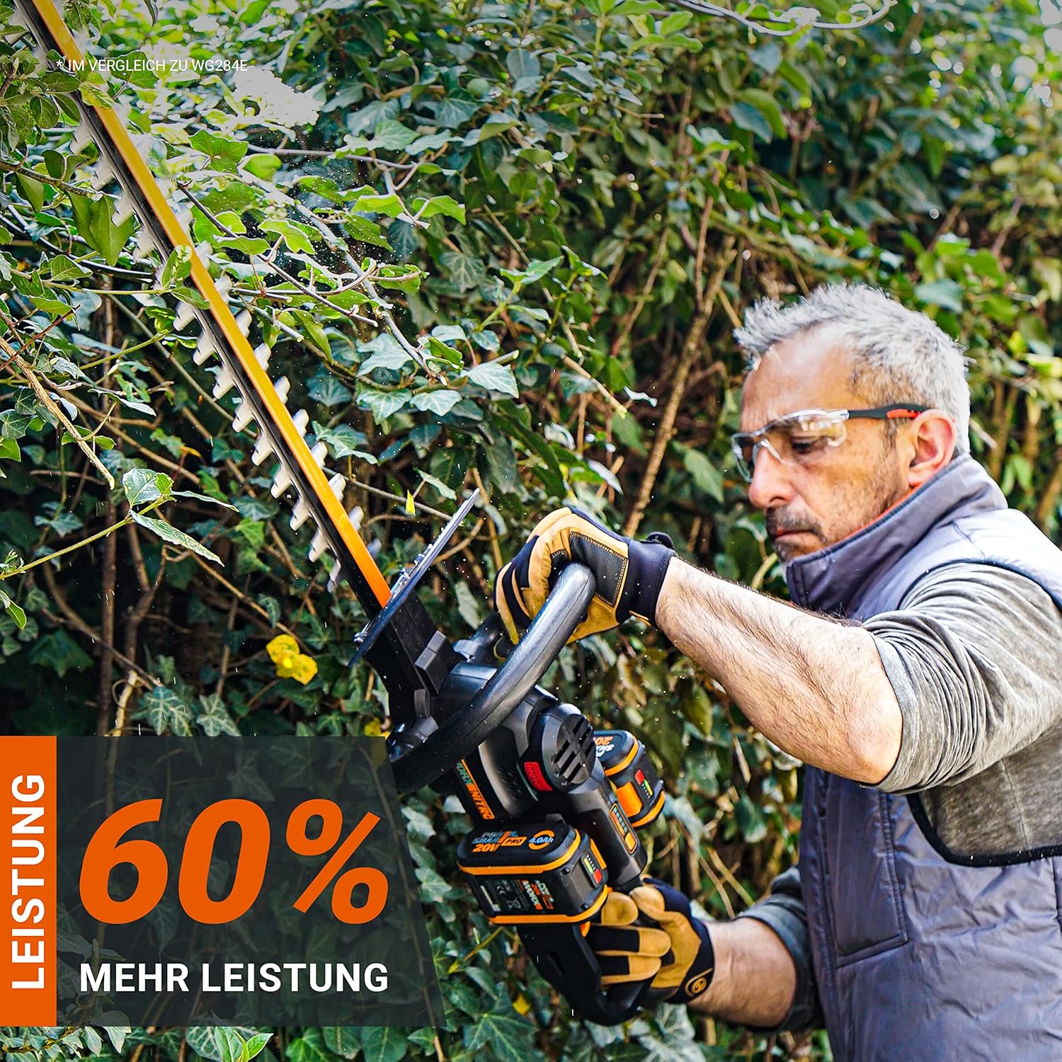 WORX WG286E.9 Nitro Profi Akku Heckenschere 40V – präziser Schnitt auch bei schwierigen Winkeln – leistungsstarker bürstenloser Motor – 58cm Schnittlänge – 27mm Zahnabstand – ohne Akku & Ladegerät