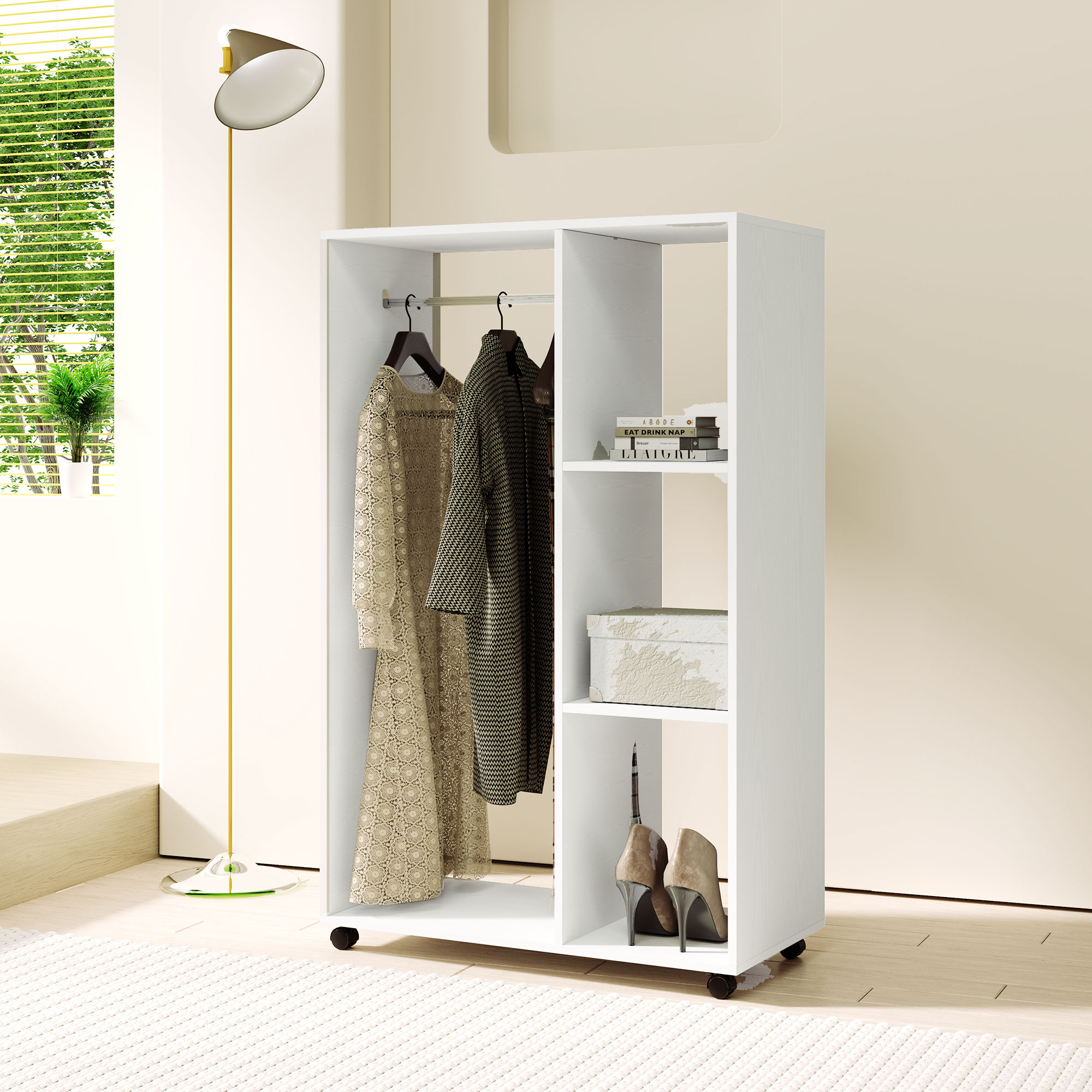 Mobiele Open Garderobe op Wielen, Garderobekast, Verplaatsbaar Kledingrek, 80 x 40 x 128 cm, Wit