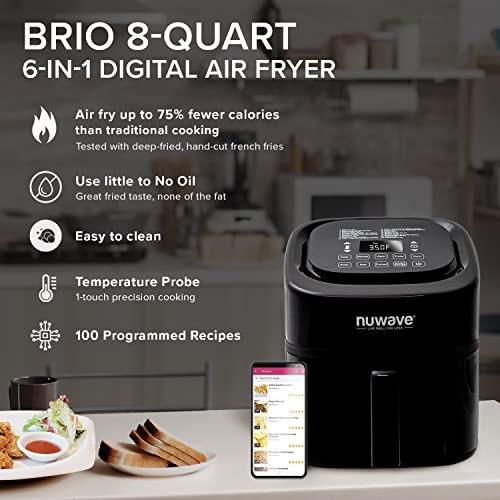 Nuwave Brio 8 Qt Air Fryer, Powerful 1800W, Easy to Read Cool White Display, 50° 400°F Temp Controls, 100 Pre Programmed Presets & 50 Memory Slots, Integrated Smart Thermometer, Linear T Technology