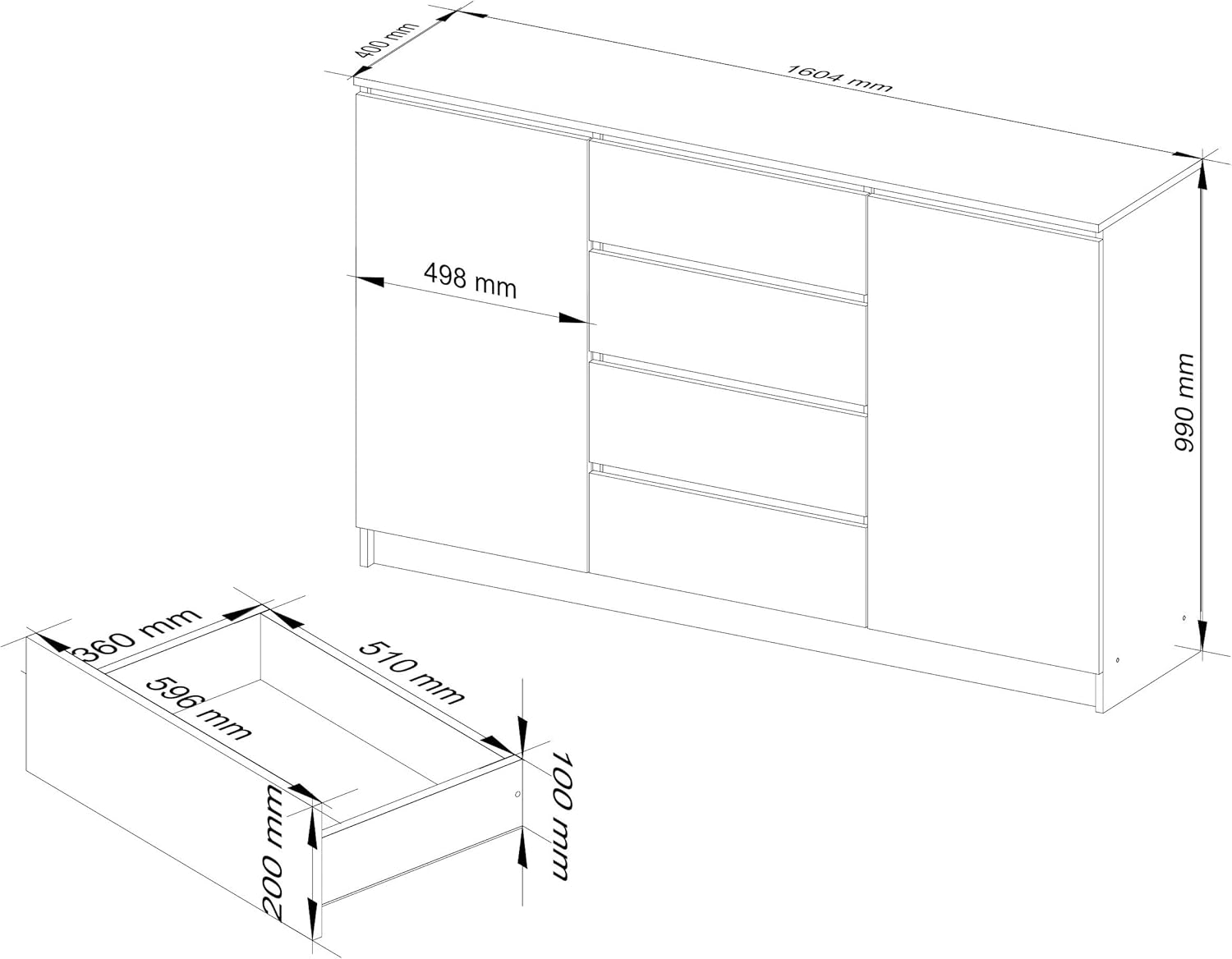 AKORD Kommode K 160 cm | 4 Schubladen und 2 Türen | für Wohnzimmer Schlafzimmer Schrank Wohnzimmer | Modernes Funktionelles Design | Schichtstoffplatte 16mm | Farbe Sonoma
