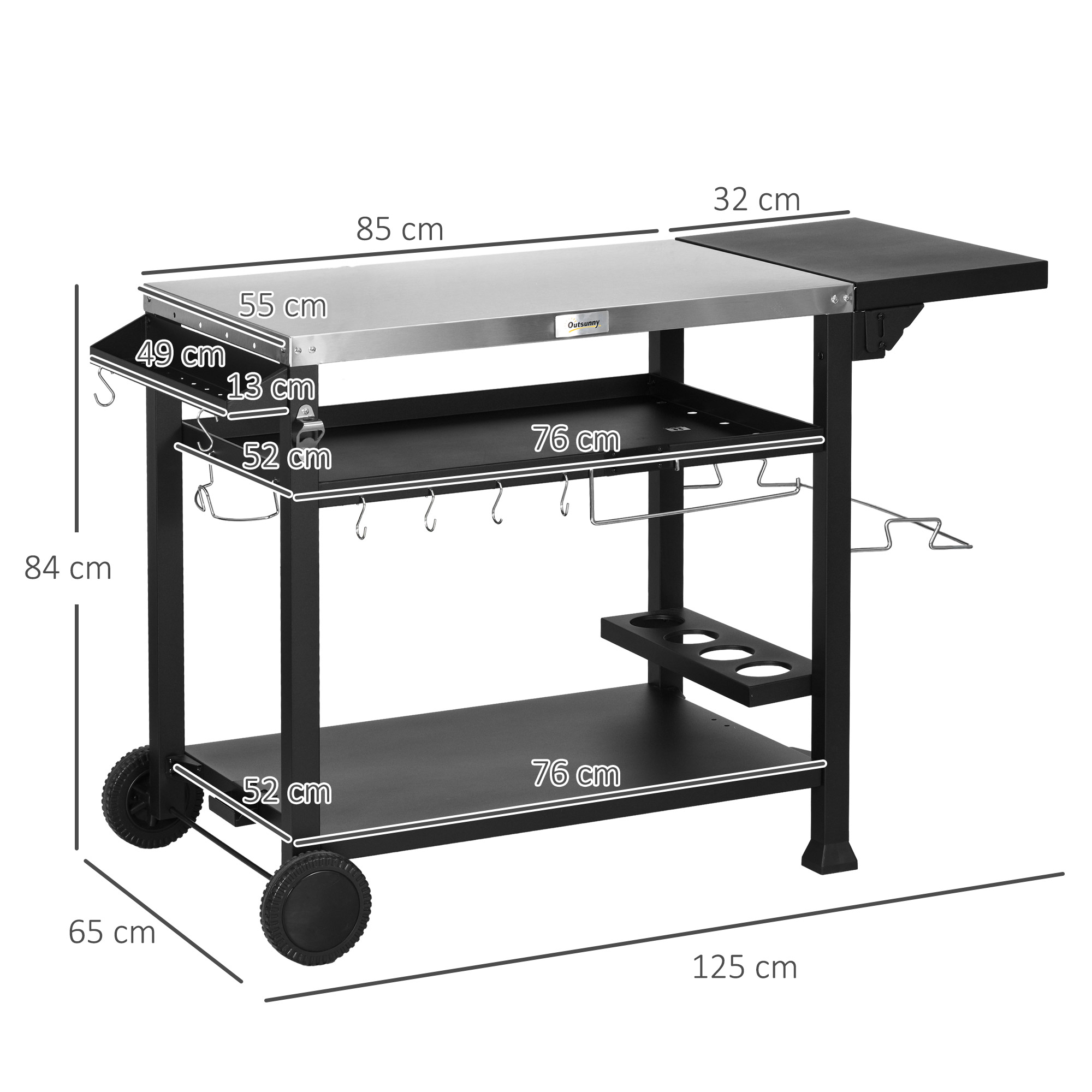 Outsunny Barbecuestation BBQ-wagen, incl. accessoires, 125 x 65 x 84 cm, Zwart + Zilver