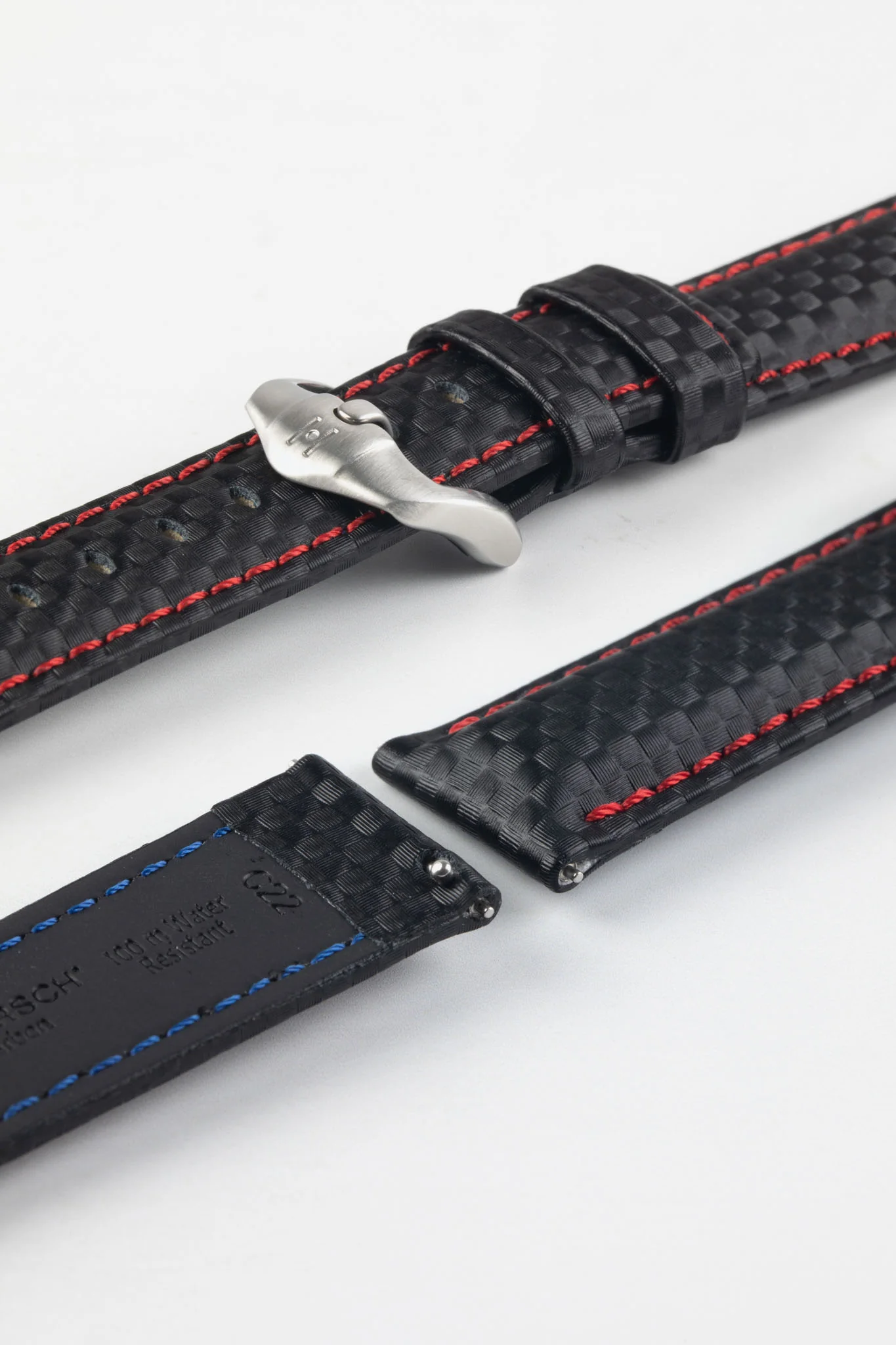 Hirsch CARBON Decorated Waterproof Leather Watch Strap in BLACK / RED