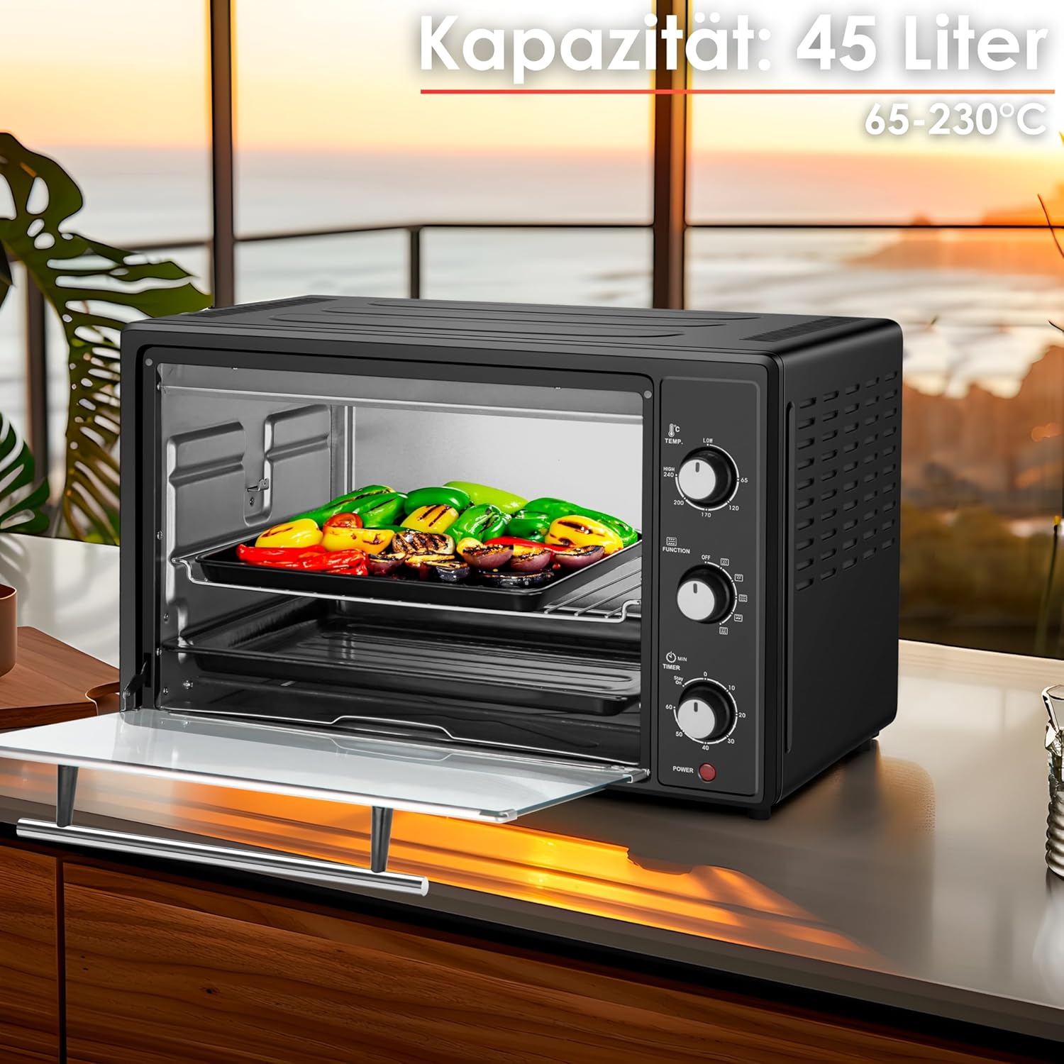 Mini Backofen 45 Liter mit Umluft | Elektrischer Drehspieß | 1800 Watt | Umluft Ofen | Pizzaofen | Innenbeleuchtung | Inkl. Backblech und Grillrost | Minibackofen | Kleiner Backofen | Miniofen