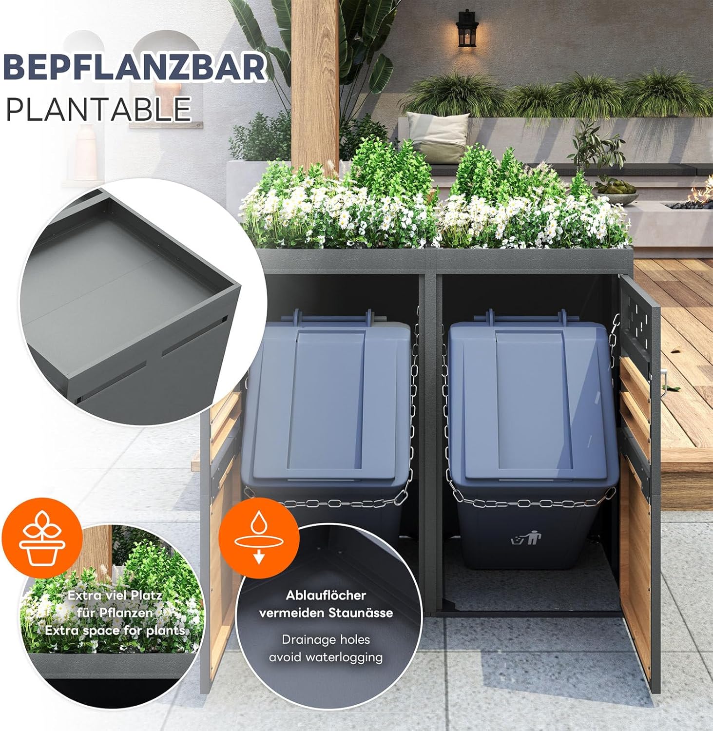Mülltonnenbox 4er, Mülltonnenverkleidung mit Pflanzdach für Mülleimer 120-240 Liter, Abschließbar Türen, Rostfrei Verzinkter Stahl Garten Müllbox Aufbewahrungsbox, Anthrazit, 264 x 80 x 125cm