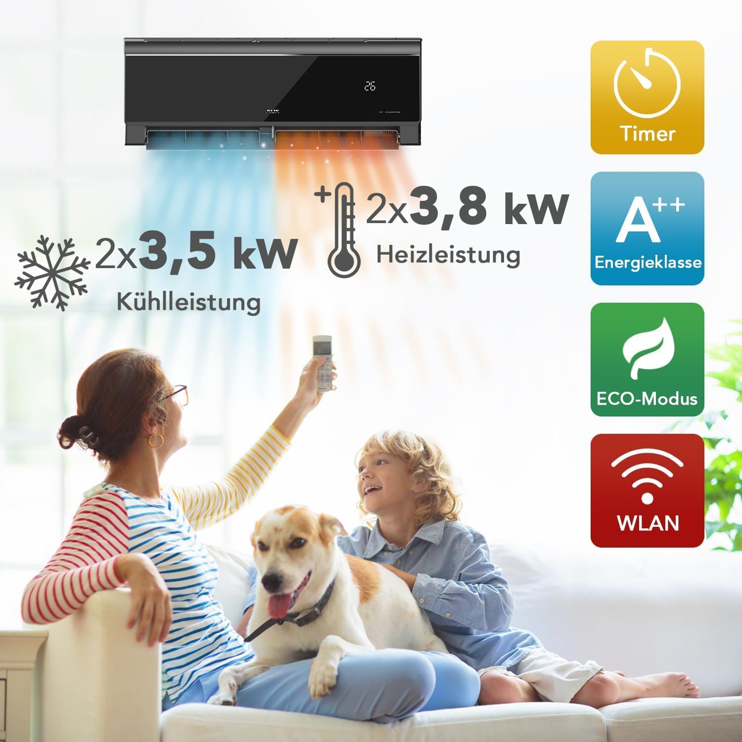 A++ AUX Klimaanlage Set 27000 BTU (7,9kW) - Außengerät + 2× 12000 BTU Wandgerät mit WLAN - R32 Kältemittel - Hochglanz Schwarz - leise Multi Split für 2 Räume - smart & anschlussfertig