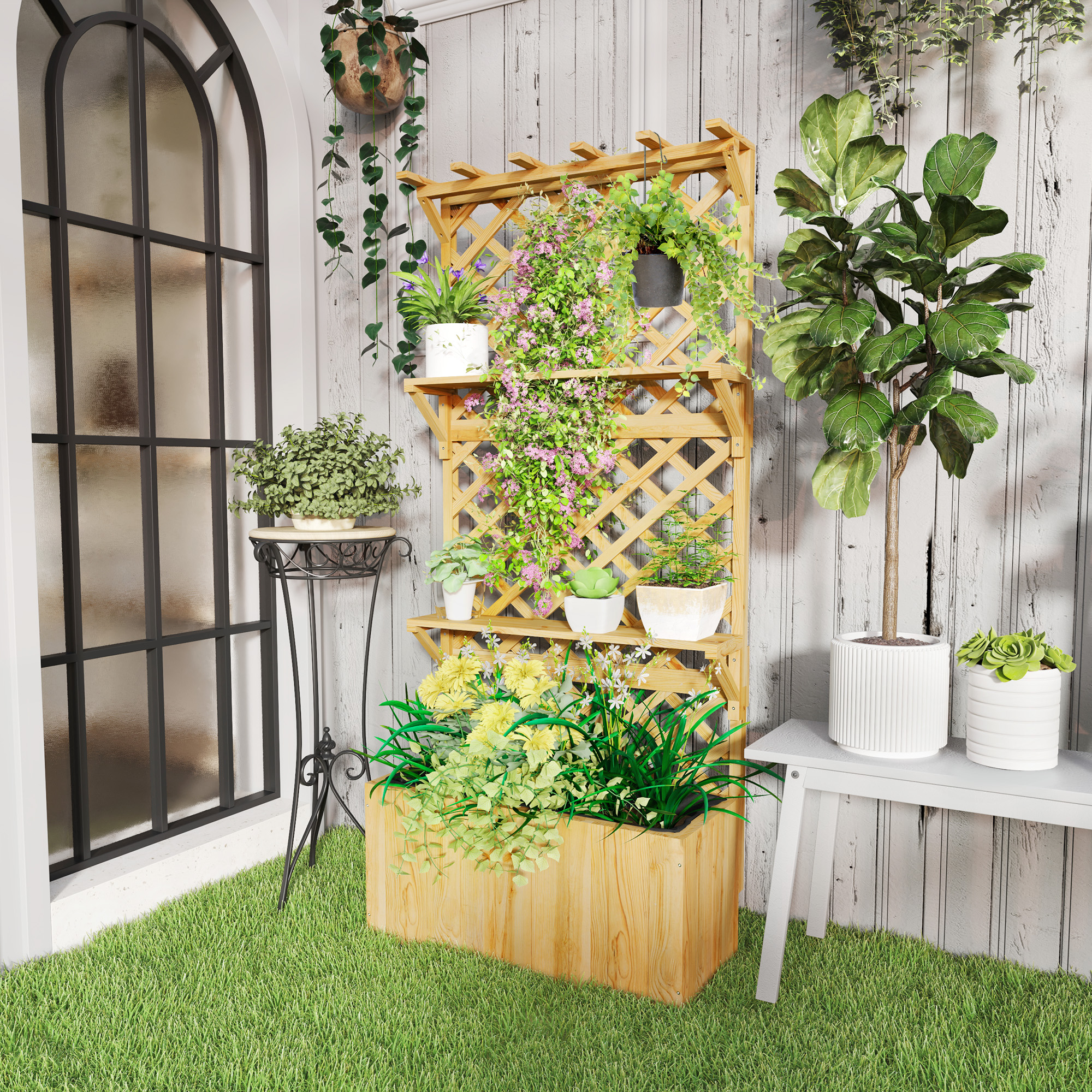 Verhoogd Bloembed met Klimrek, Bloembak, 2 Planken, Afvoergaten, 76 x 33 x 177 cm
