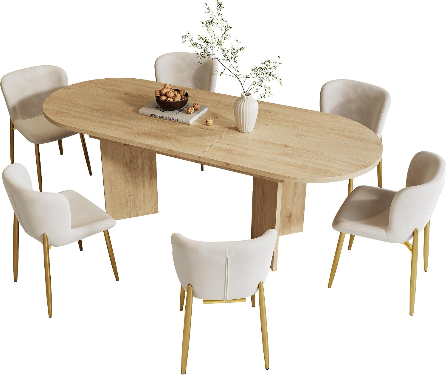Juego de mesa de comedor (incluye mesa de comedor y 6 sillas), mesa de comedor extensible de 120/160 x 80 cm, con esquinas redondeadas y tablero grueso, sillas de terciopelo, color beige +