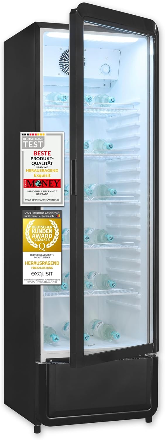 Exquisit Glastürkühlschrank, 280l Getränkekühlschrank mit LED, Umluft, 5 verstellbare Ablagen, CoolPro, GKS5260-GT-431D schwarz