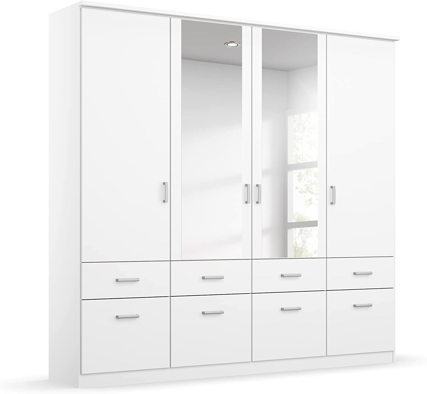 Rauch Möbel Bremen Schrank Drehtürenschrank Kleiderschrank in Weiß mit 2 Spiegeln und 8 Schubladen 4-türig, inklusive Zubehörpaket Basic 1 Kleiderstange, 4 Einlegeböden BxHxT 181x199x58 cm
