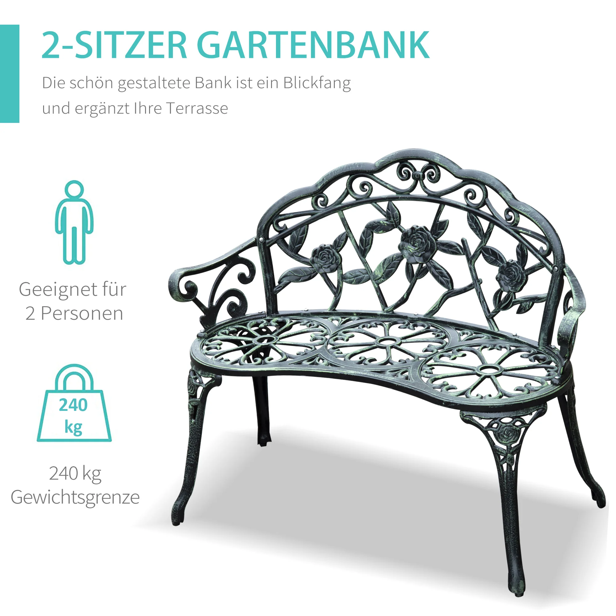 Metalen tuinbank zitbank parkbank tuinmeubel tweezitter bloemenbank antieke bank