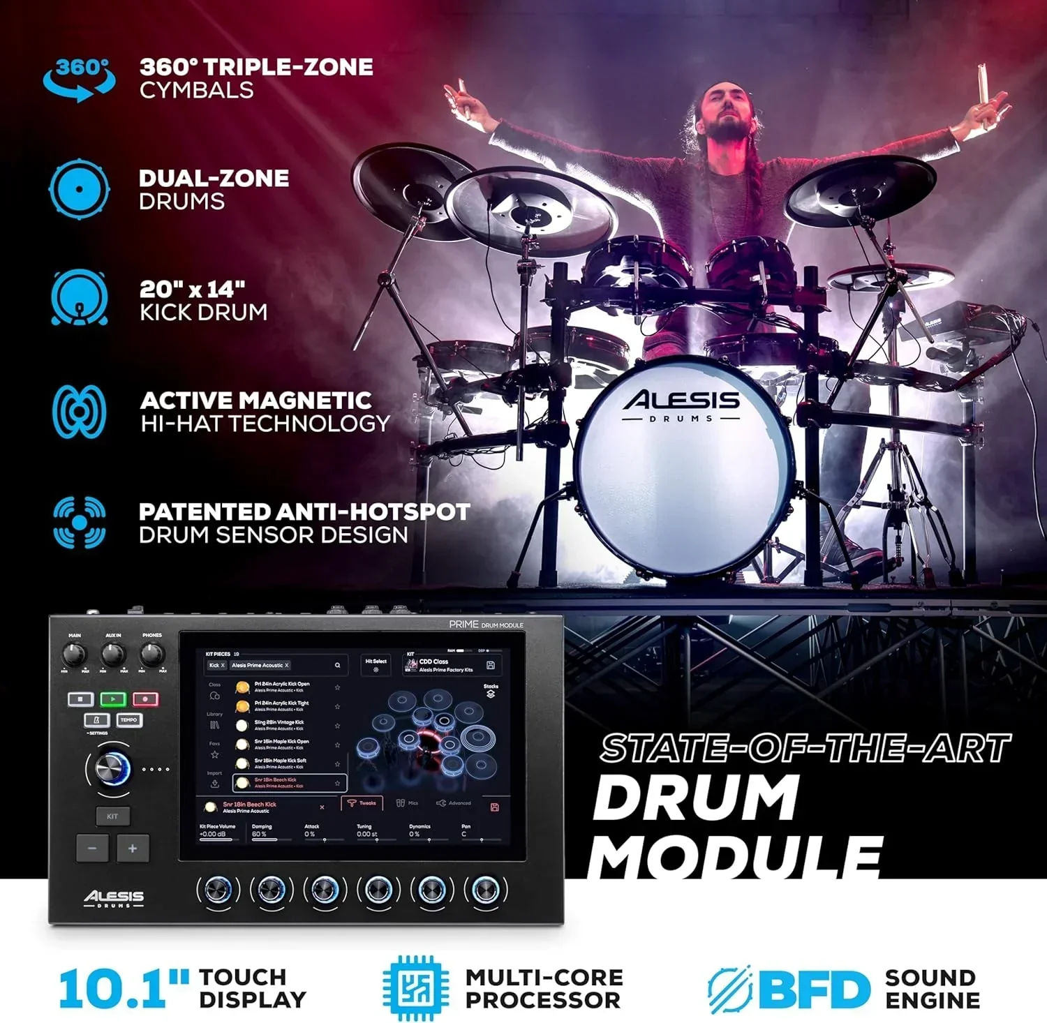 Alison Strata Prime Electronic Drum Set with Touch Screen Dual Area Grid Head