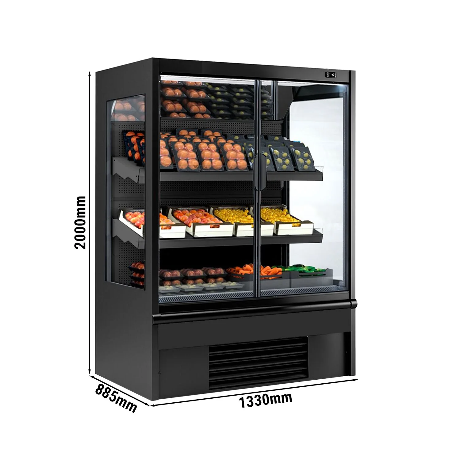 Kjølereol - 1330 mm - 569 l - +4 °C til +6 °C - med 2 hengslede glassdører, med dobbelt isolerglass & 2 hyller - svart