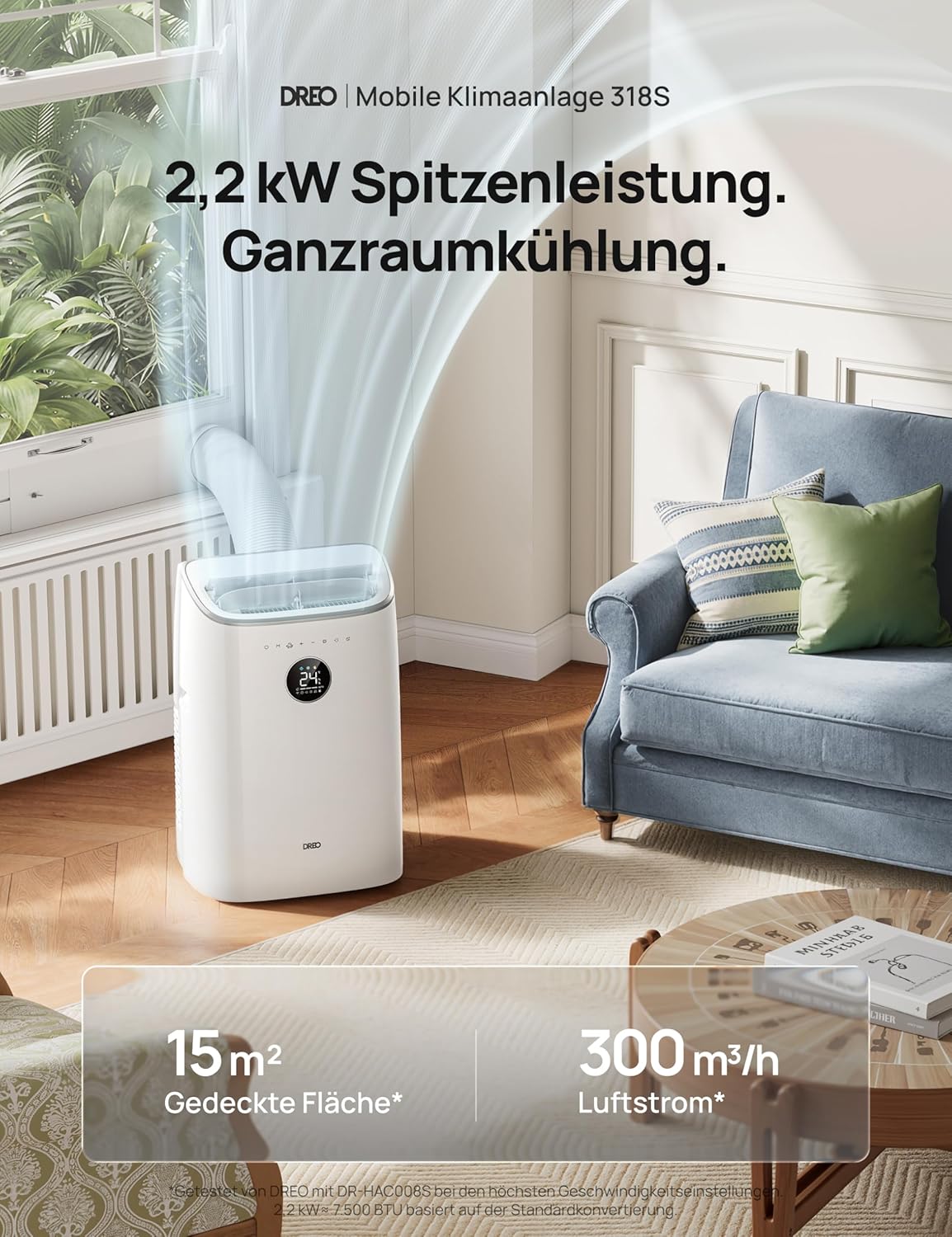 DREO 7500 BTU Mobiles Klimagerät (3-in-1 Kühlen/Ventilieren/Entfeuchten), leise für Schlafzimmer/Büro, Steuerung per App/Sprachbefehl/Fernbedienung, drainagefrei, Fenster-Set, 2,5 L/h, AC318S