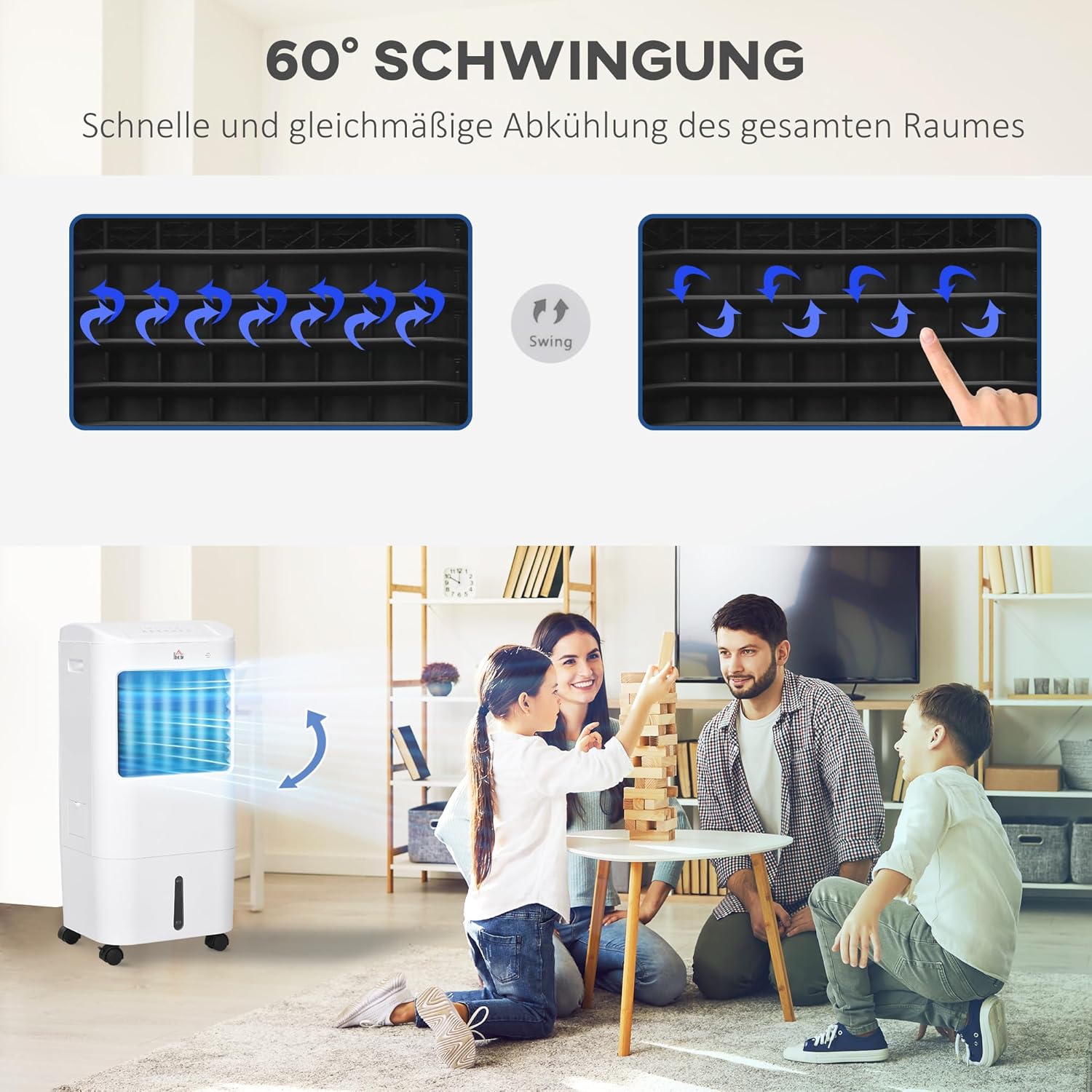 HOMCOM 3 in 1 Mobile Luftkühler mit Wasserkühlung und Luftbefeuchtung 15L Wassertank 60°oszillierendes Ventilator ohne Abluftschlauch mit 7,5h Timer, Fernbedienung, LCD-Anzeige, für 20 ㎡