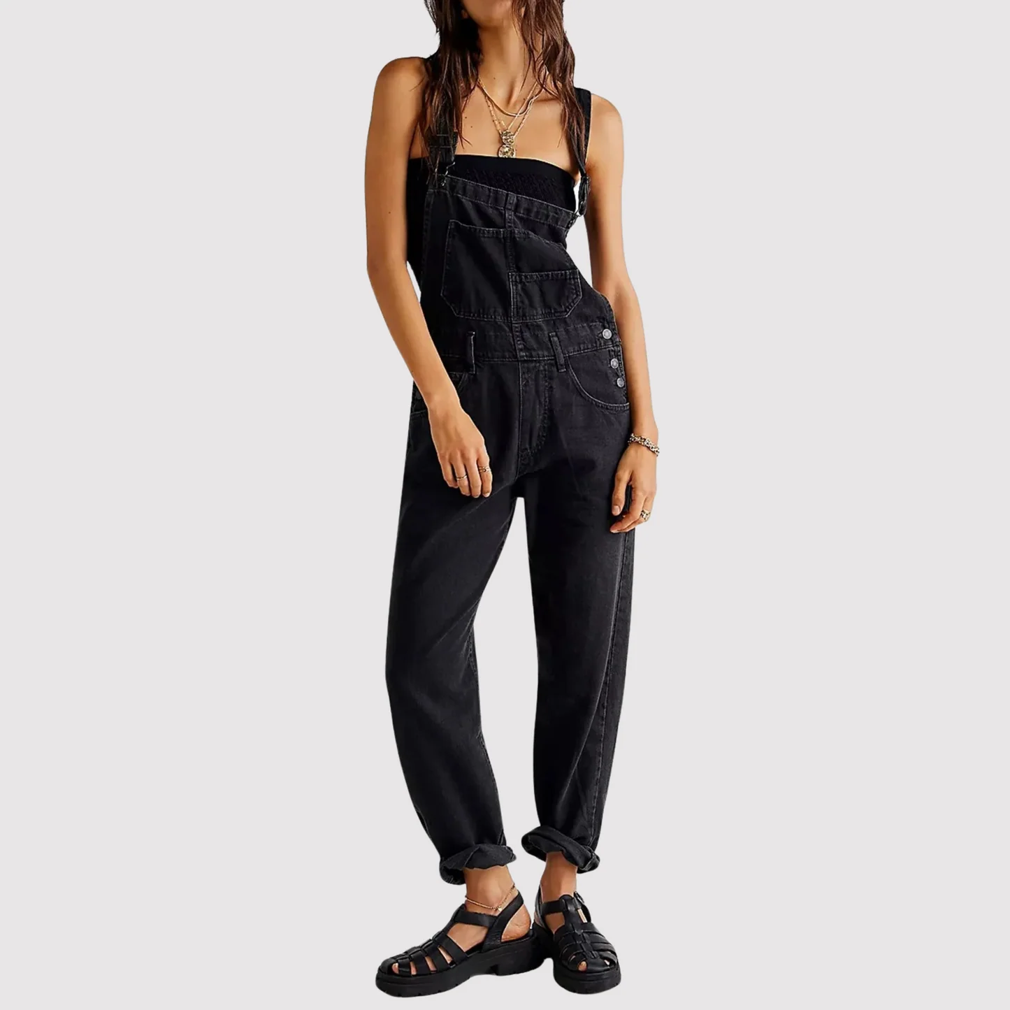 Damen Latzhose aus Denim | Klassische Jeans-Latzhose mit verstellbaren Tr?gern und Brusttasche | Bequemer Full-Length Jumpsuit