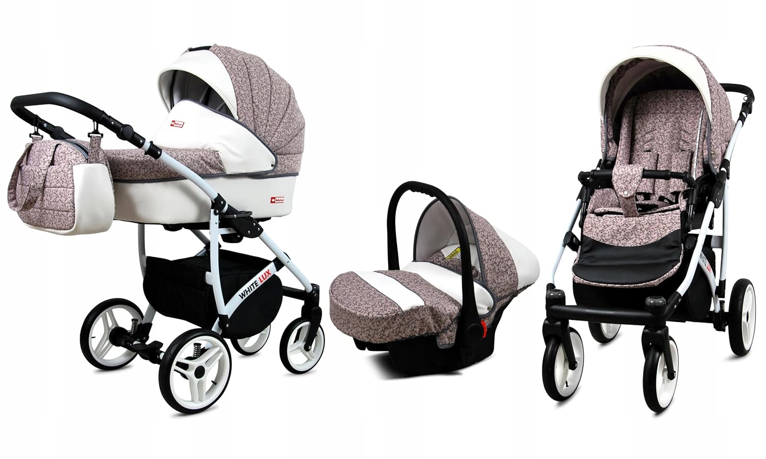 BabyLux® Bambimo Kinderwagen Set 3 in 1 - White Lux - incl. Babywanne, Buggy Sportsitz, Auto-Babyschale - Autositz - Kinderwagenset - Kombikinderwagen mit Wickeltasche, Regenschutz usw.