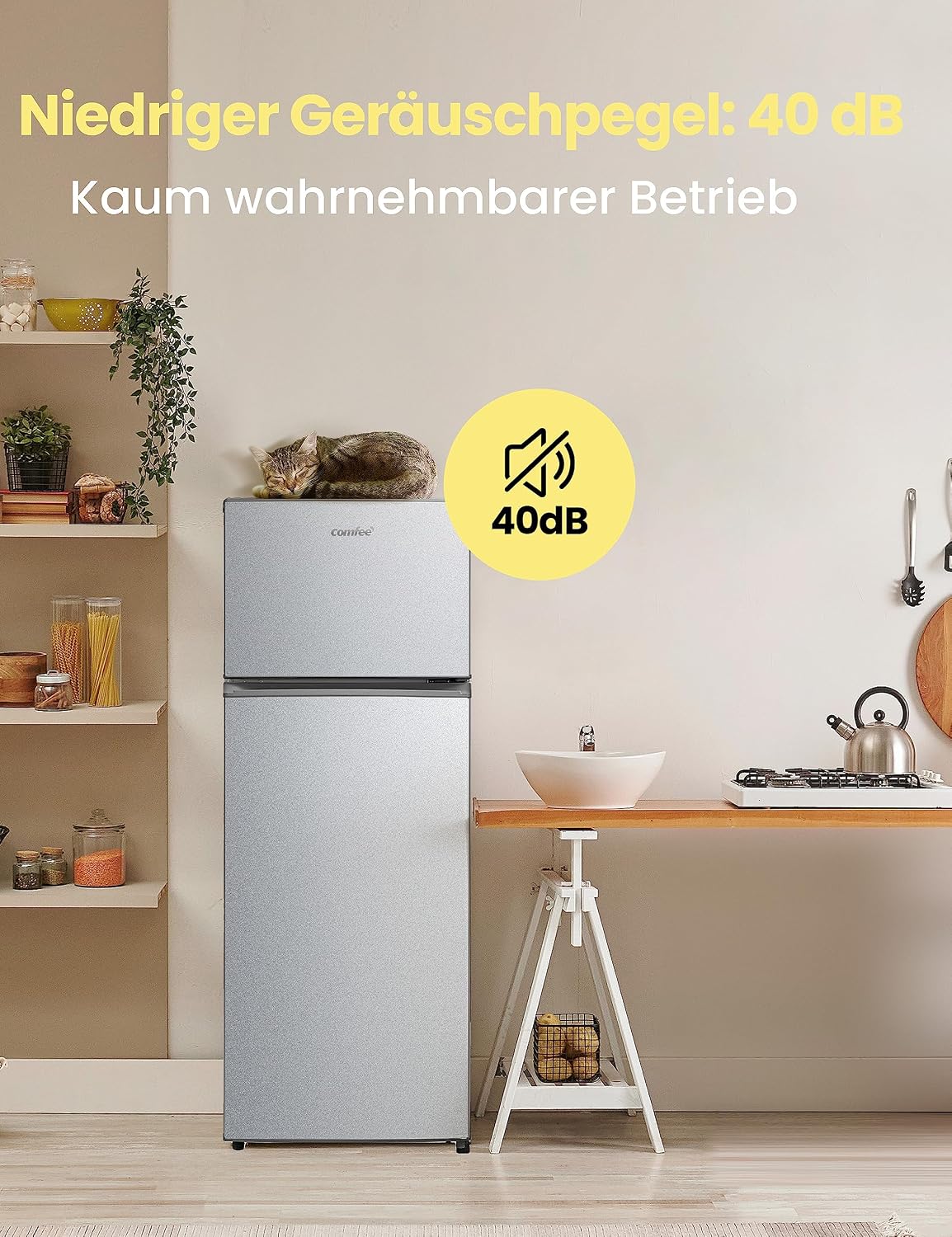 Comfee RCT284DS2 Kühl-/Gefrierkombination/Gefrierteil oben/176 kWh/Jahr/143cm Höhe/LED Licht/Reversibles Türscharnier/Silber