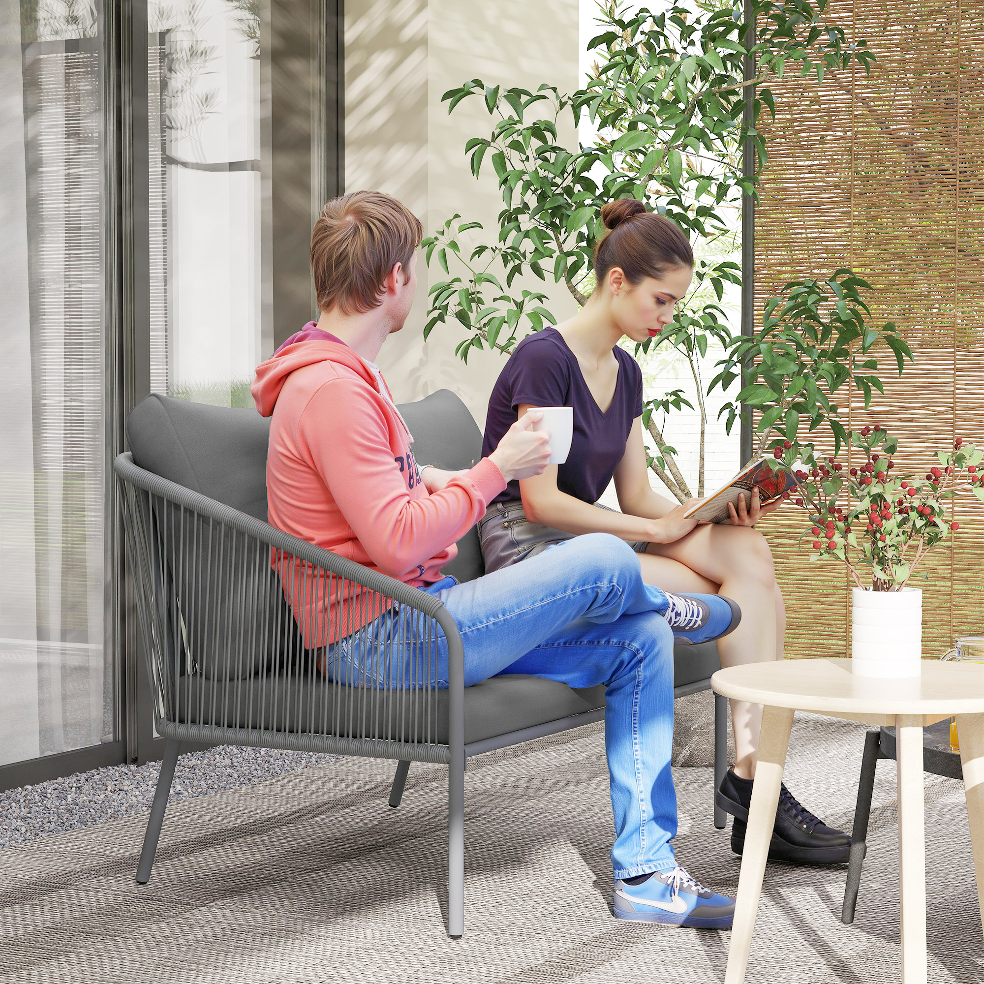 Tuinbank met Kussens 2-Zits Rattan Sofa Lounge Sofa voor Buiten - Balkon Sofa 112 x 72 x 76 cm Grijs