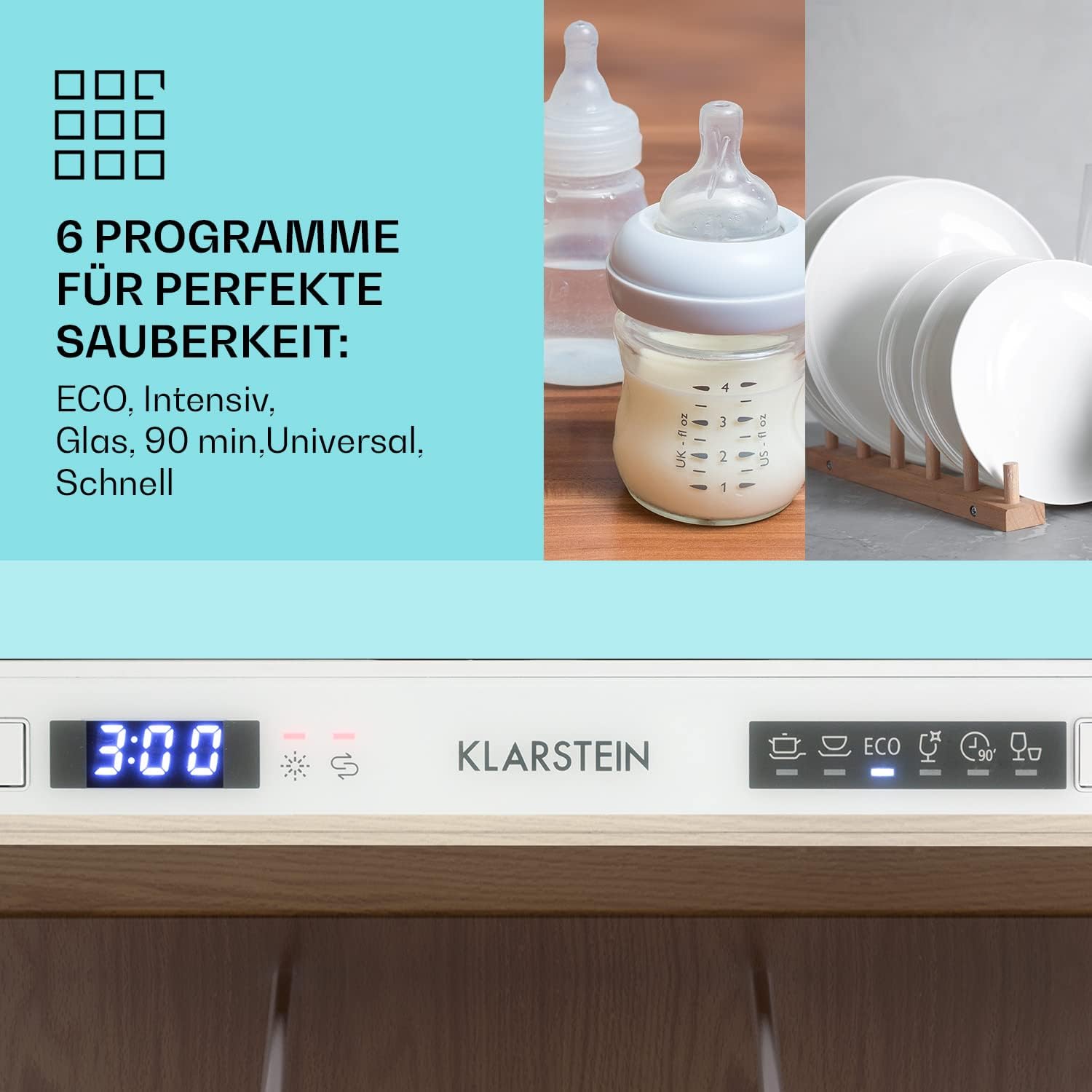 Klarstein  ia 8 - Spülmaschine, Geschirrspüler, Freistehend, Teilintegriert, F, 55 cm breit, 8 Maßgedecke, 6 Programme, Aquastop, silber