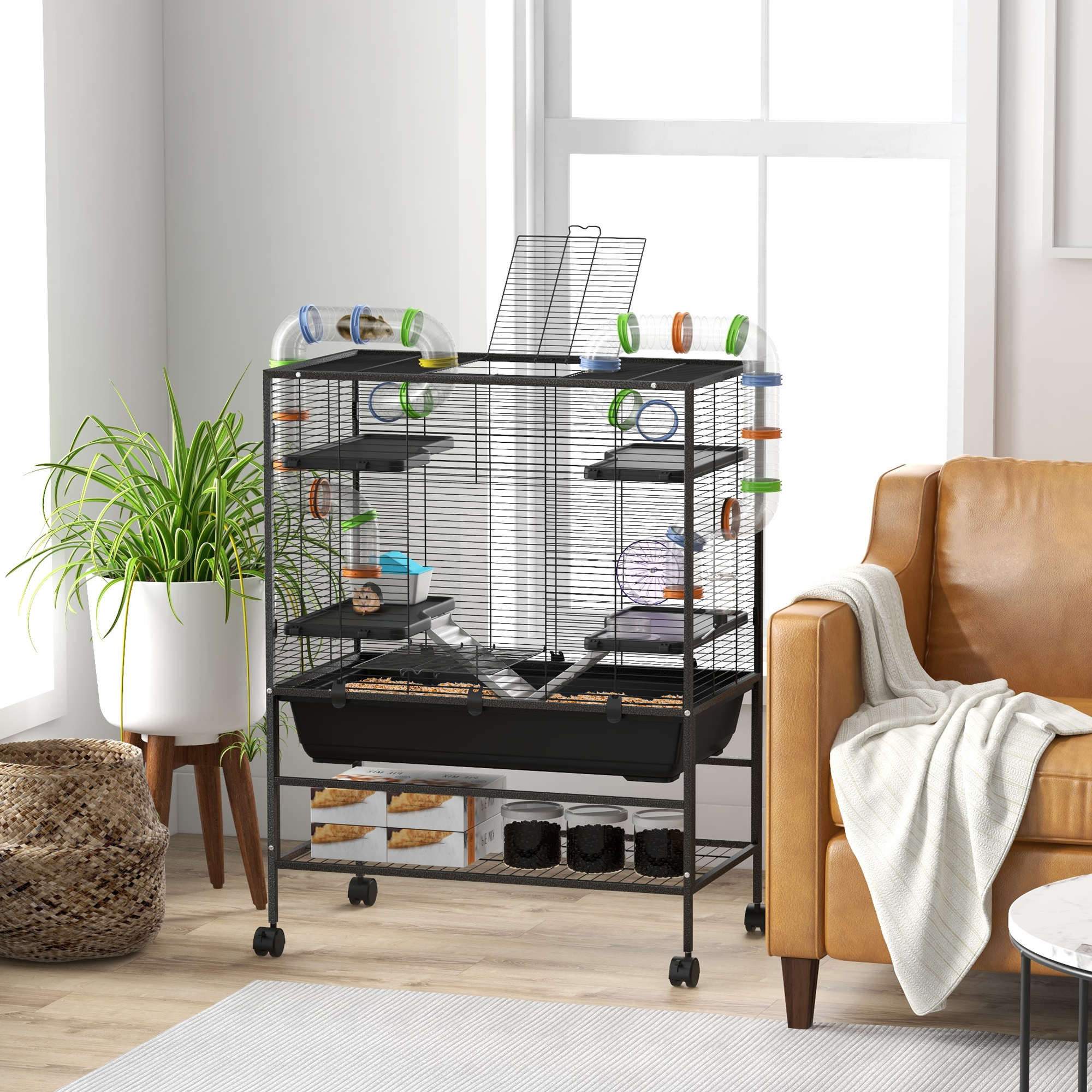Hamsterkooi met Buizen, Looprad, Huisje, Waterdispenser, 109 x 82 x 46 cm, Zwart